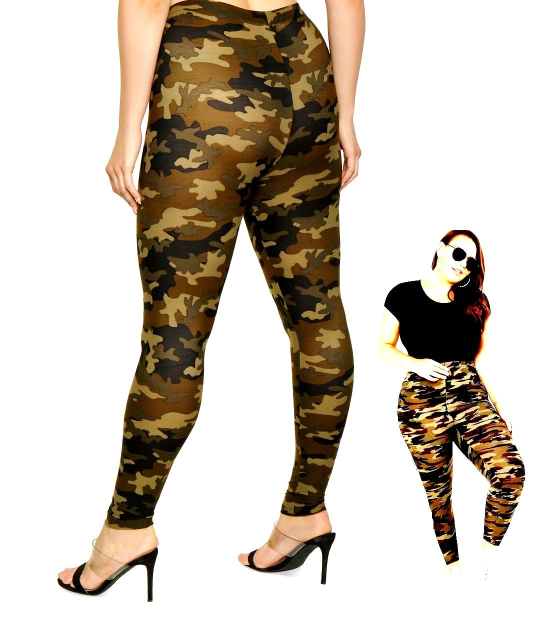 D7 Women's Plus Size Camo High Waist Leggings - Army Green Camouflage Yoga Pants for Workout, Running & Casual Wear