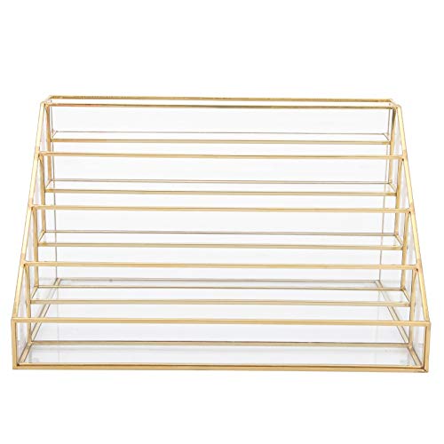 Multi-Layer Nail Polish & Lipstick Display Rack - Glass & Copper Cosmetic Organizer Shelf for Salon, Spa & Home Makeup Storage (Large Size)