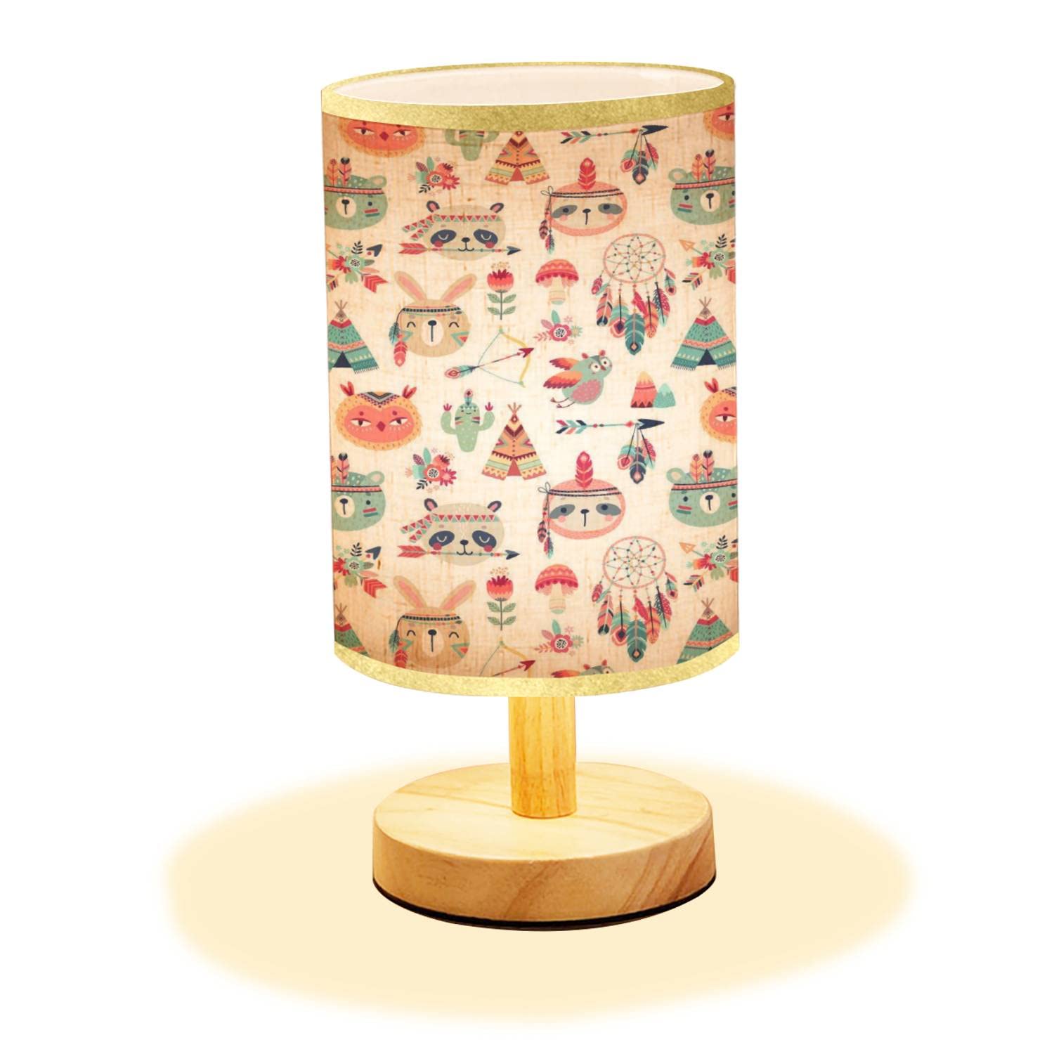 Minimalist Wooden Bedside Table Lamp with Flaxen Fabric Shade - Tribal Wood Nightstand Lamp for Bedroom, Living Room, Office | Perfect for Reading, Relaxing & Home Decor