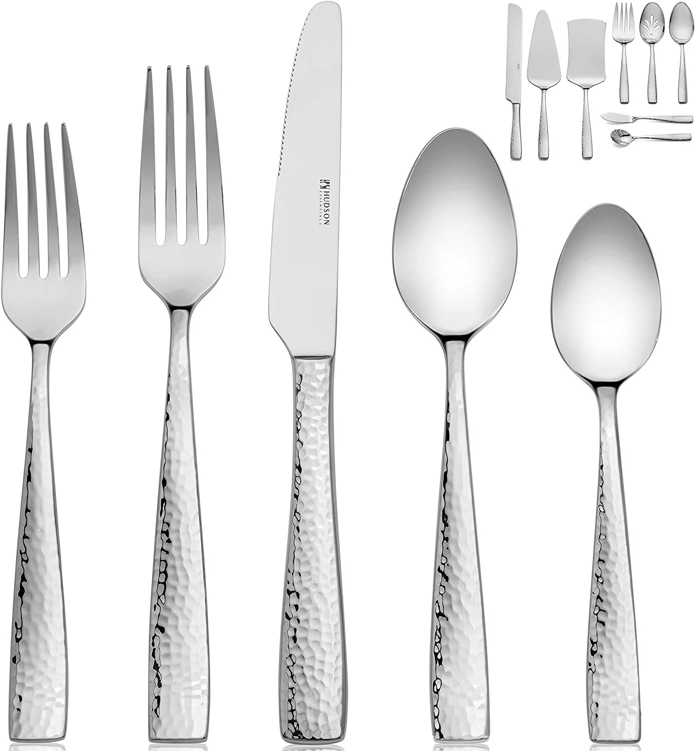 Hudson Essentials 68-Piece Hammered 18/10 Stainless Steel Silverware Set - Service for 12, Includes Knives, Forks, Spoons & Serving Utensils - Elegant Flatware for Dining, Parties & Wedding Registry