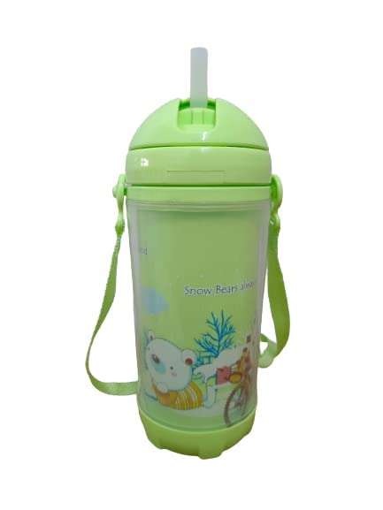 **Puthak 500ml Cute Cartoon Printed Water Bottle with Straw for Kids - BPA Free, Leak Proof Flip Top Lid, Silicone Sipper & Soft Carry Neck Strap - Ideal for School, Travel & Outdoor Activities (Green)**