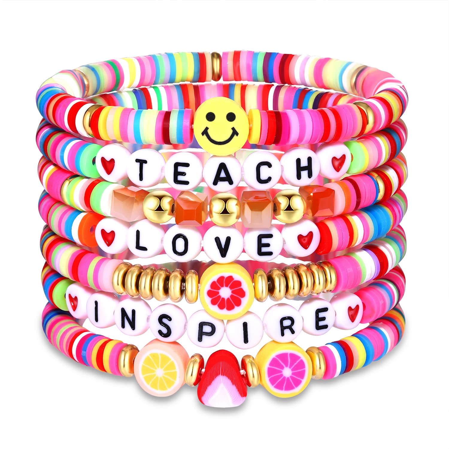 NVENF Teacher Bracelets - Clay Heishi Beaded Stretch Bracelets for Women | Stackable Inspirational Jewelry with 'Teach Love Inspire' Message | Colorful Teacher Appreciation Gifts for Educators, Mentors & School Staff | Perfect for Classroom Wear, Teacher Recognition Events & Everyday Motivation