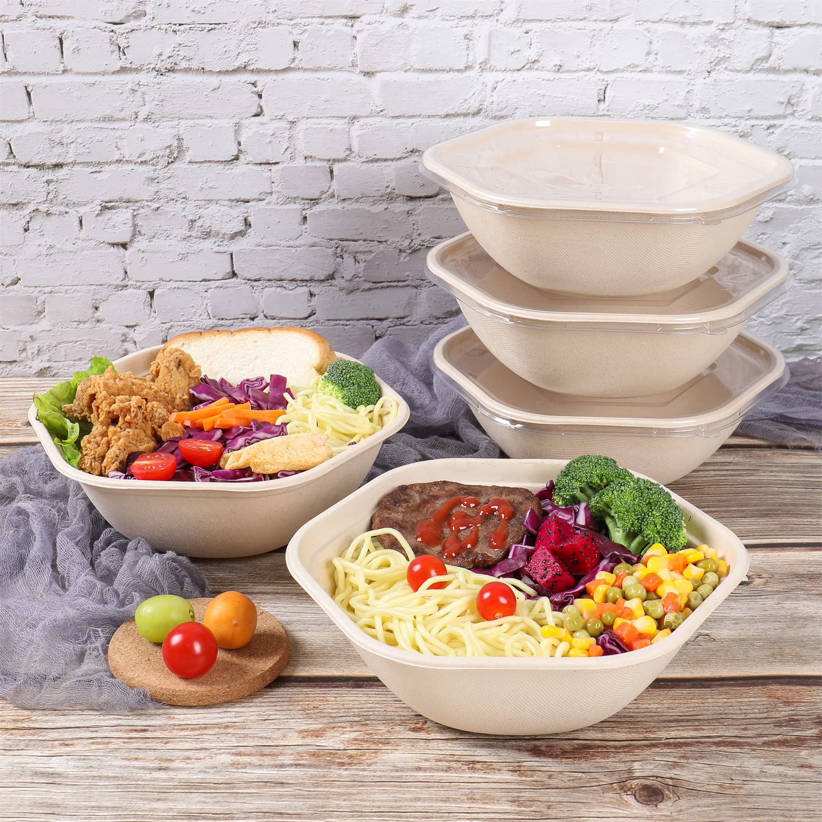 47 oz Eco-Friendly Disposable Salad Bowls with Lids - 20 Pack Sugarcane Fiber Takeout Containers, Microwave & Freezer Safe, BPA-Free Compostable Bowls for Parties, Picnics & Meal Prep