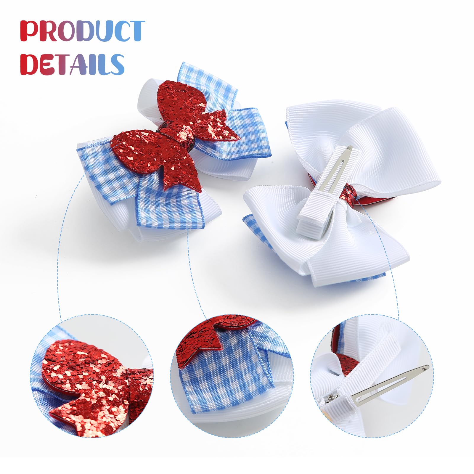 2PC Blue and White Gingham Hair Bow Clips - 3.5 Inch Checker Pigtail Bows for Girls - Wizard of Oz Dorothy Halloween Costume Accessories - Perfect for Cosplay, Dress Up Parties, and Themed Events