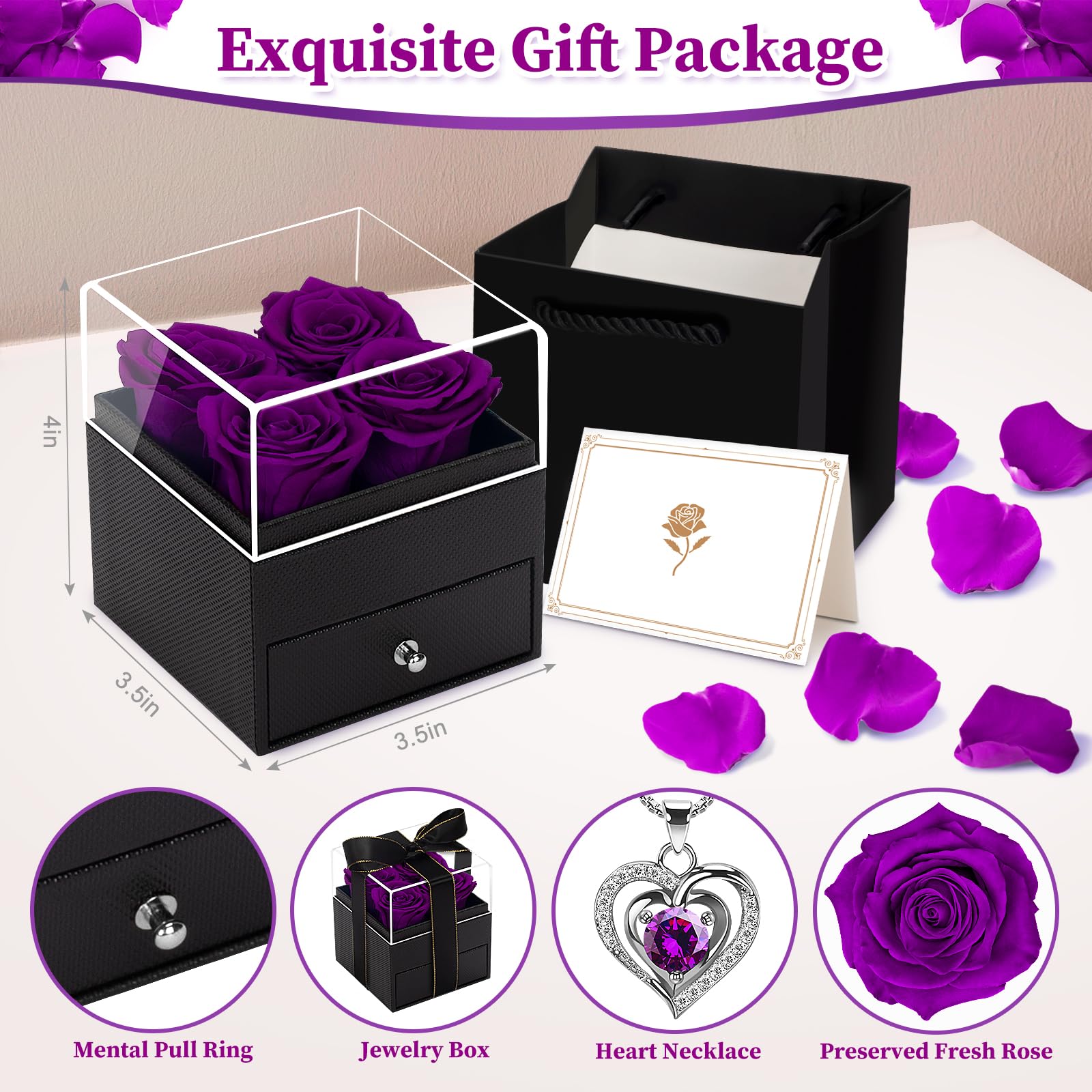 LACCHOUFEE Preserved Rose Gift Box with Necklace - 4 Real Roses Eternal Flower Arrangement for Women, Mom, Wife, Grandma, Teacher, Nurse | Perfect Birthday, Anniversary, Valentine's Day Present for Her - Romantic Home Decor & Special Occasion Gift