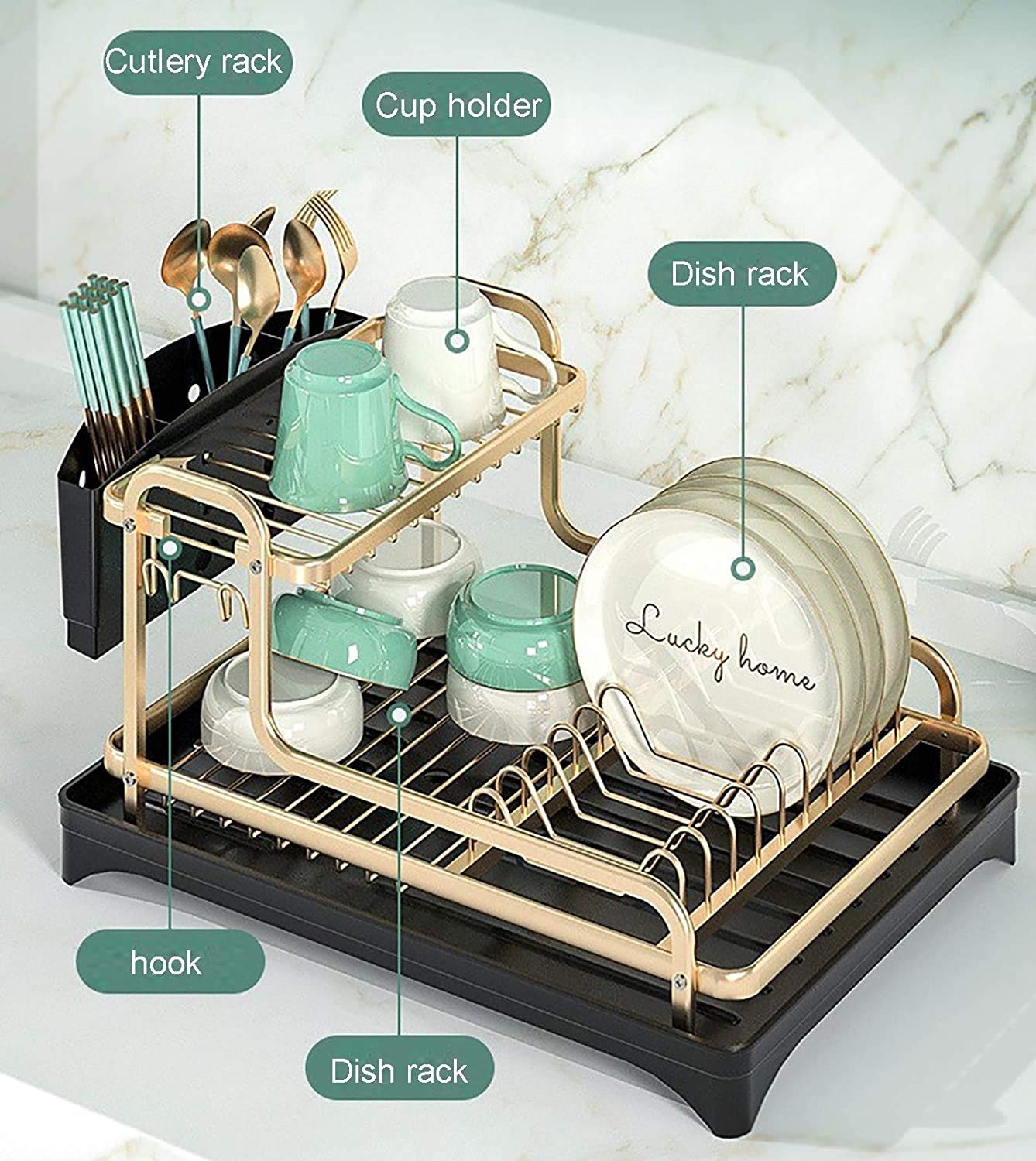 2-Tier Aluminum Dish Drying Rack with Removable Drip Tray & 360° Swivel Drainage - Space-Saving Kitchen Organizer for Plates, Cups & Utensils | Perfect for Small Kitchens, Countertops & Dish Drainage