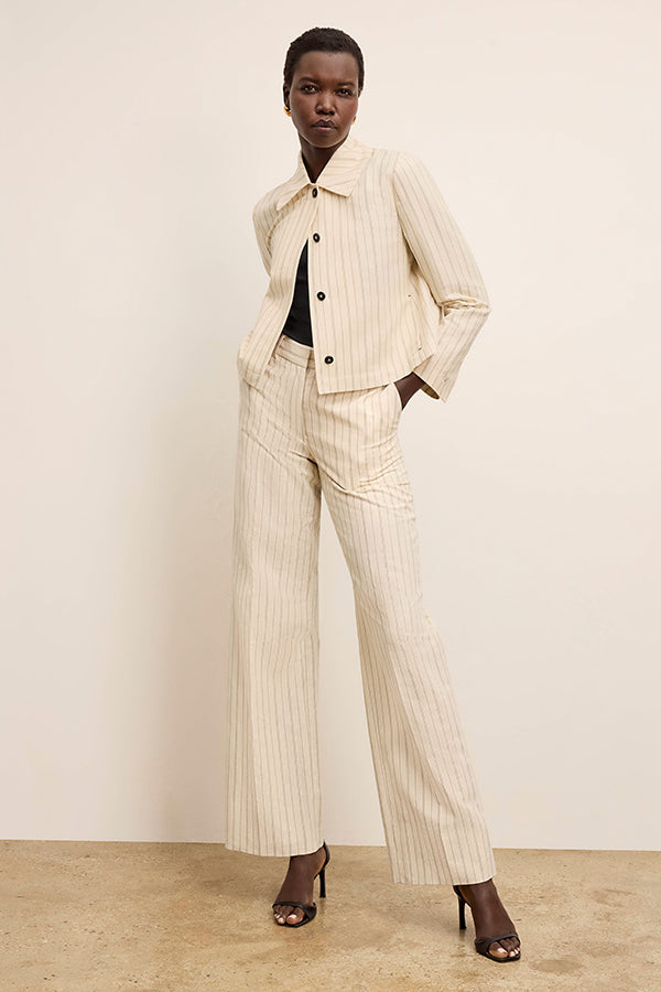Tinsley Wide Leg Pants for Women - Breeze Stripe Pattern in Ecru & Navy - Comfortable High Waist Trousers for Office, Travel & Casual Wear