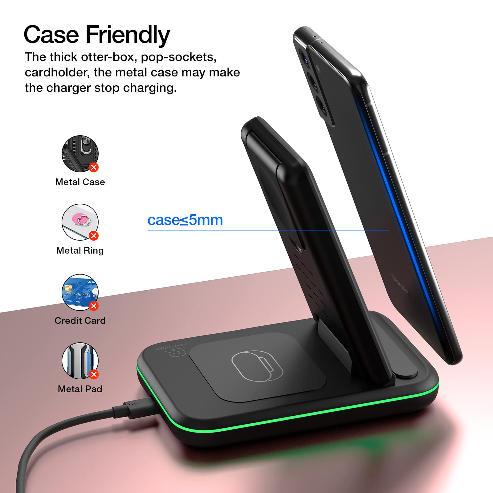 HOLYJOY 3-in-1 Foldable Wireless Charging Station - Fast Charger for Samsung S25 Ultra/S24/Note 20, Galaxy Watch 7/6/5/4/Active 2 & Buds - Portable Travel Charger for Android Phones (Black) | Perfect for Home, Office & Travel Use