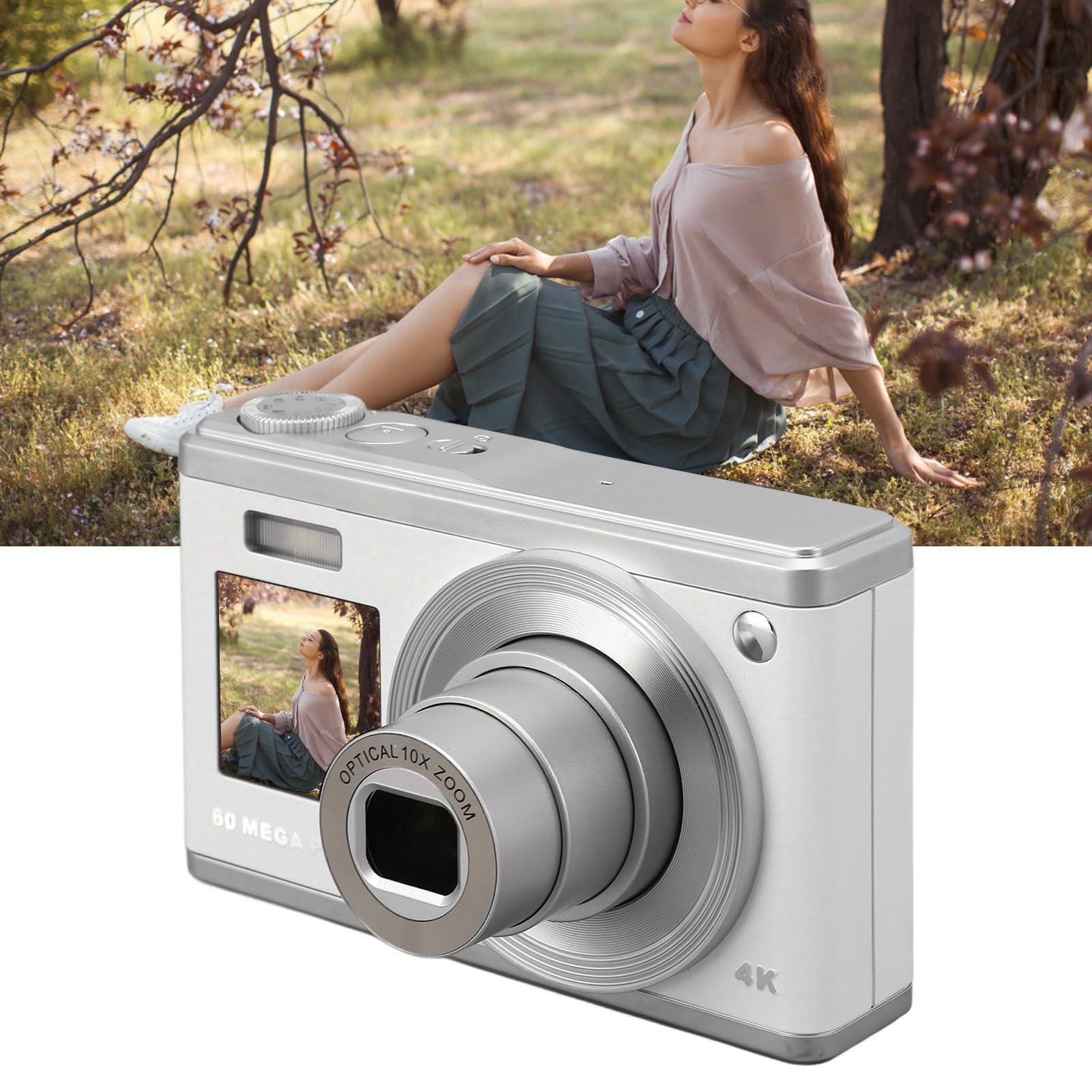 60MP 4K Ultra HD Digital Camera with Dual Screen, Auto Focus & 10x Optical Zoom | Anti-Shake Compact Camera for Vlogging, Travel & Outdoor Photography (White) - Perfect for YouTube Creators, Family Vacations and Adventure Travel