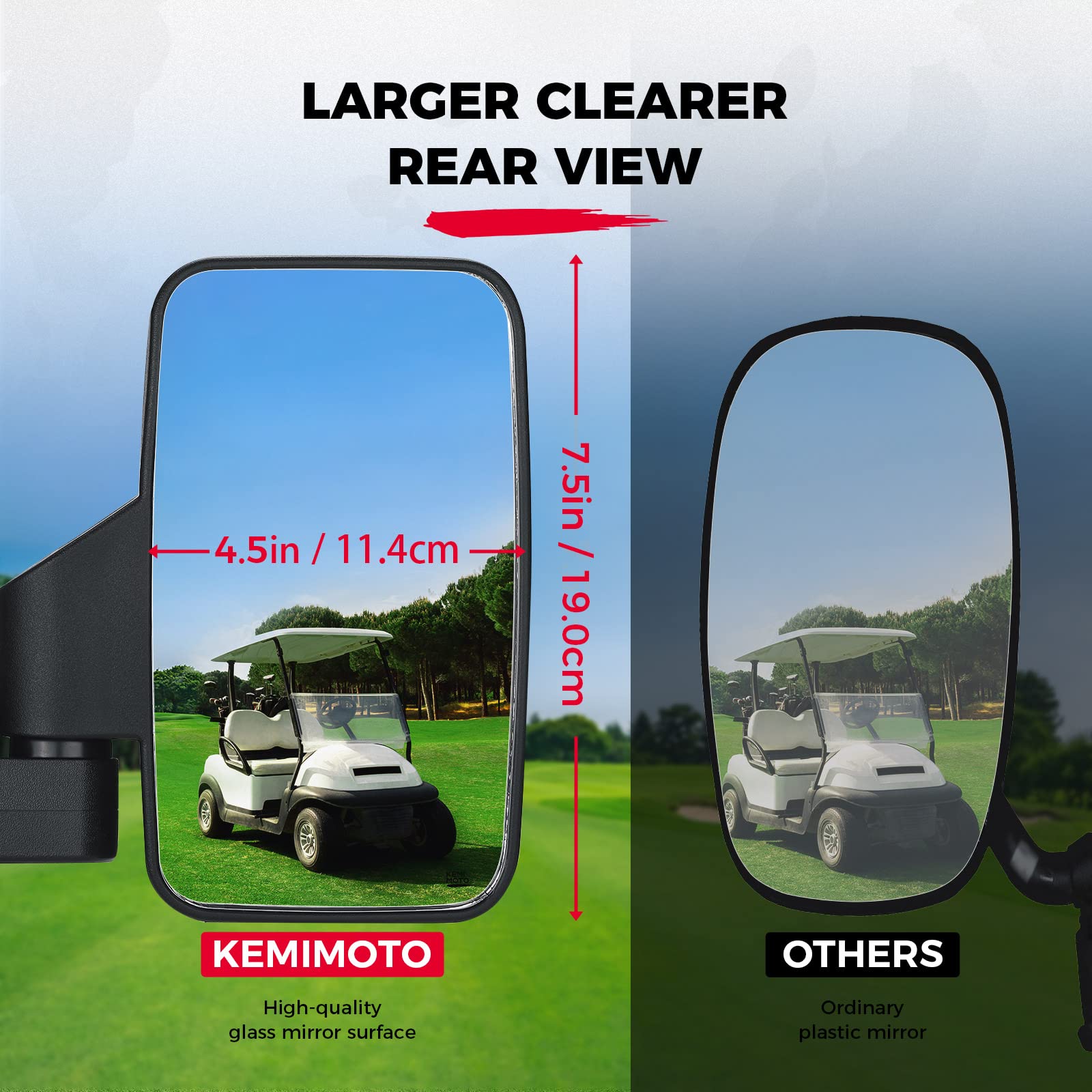 Kemimoto Universal Golf Cart Side Mirrors - No Drilling Required, Fits 1.0