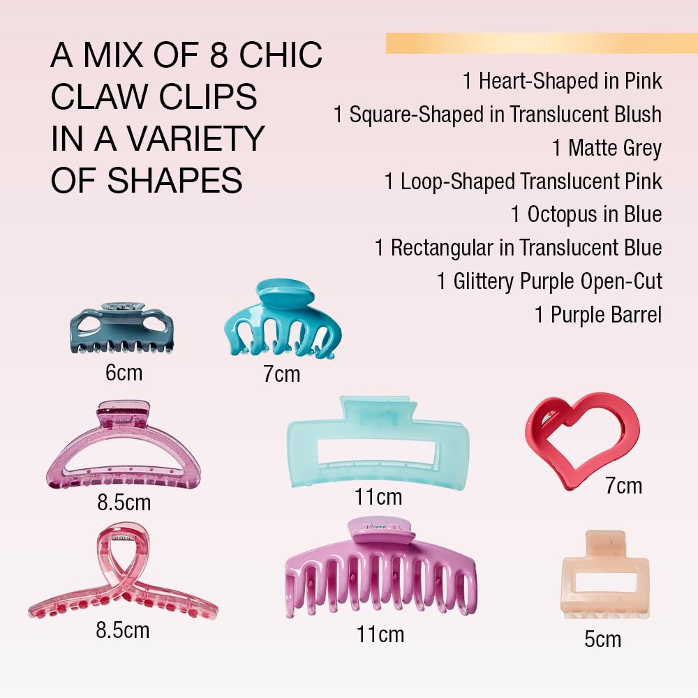 Scunci by Conair 8-Piece Pastel Hair Claw Clips Set for Women - Strong Hold Hair Clips for Thick Hair - Perfect for Ponytails, Buns & Updos - Hair Accessories for Work, Gym & Everyday Use