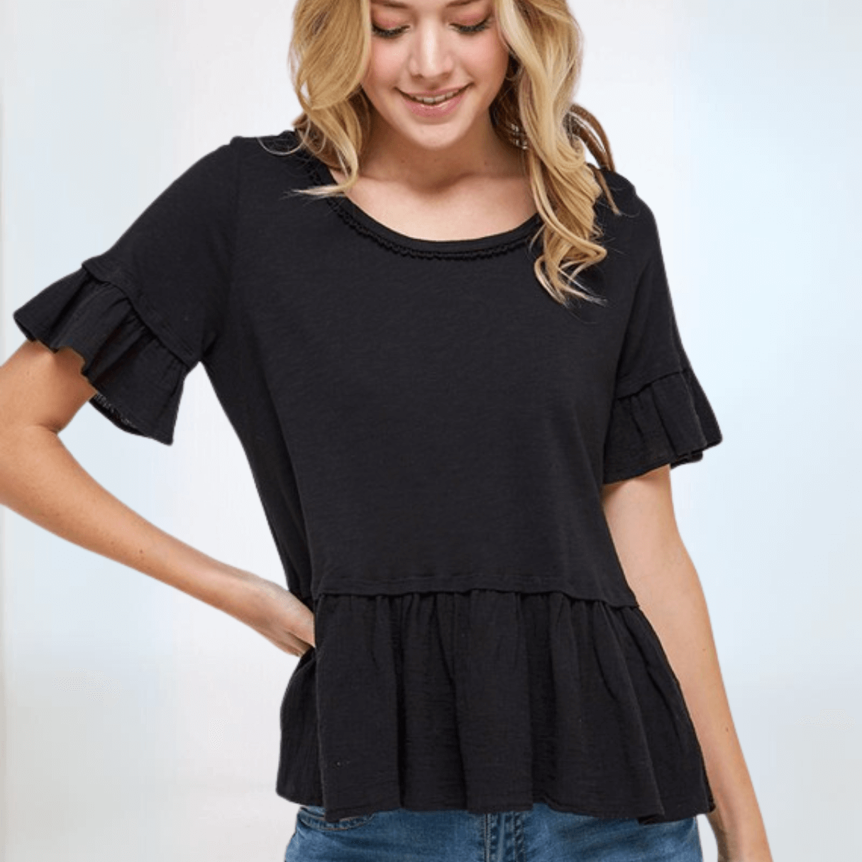 Flounce Ruffle Tee Women's Top | Soft Comfortable Blouse | Made in USA | Perfect for Casual Wear, Date Night & Office Outfits
