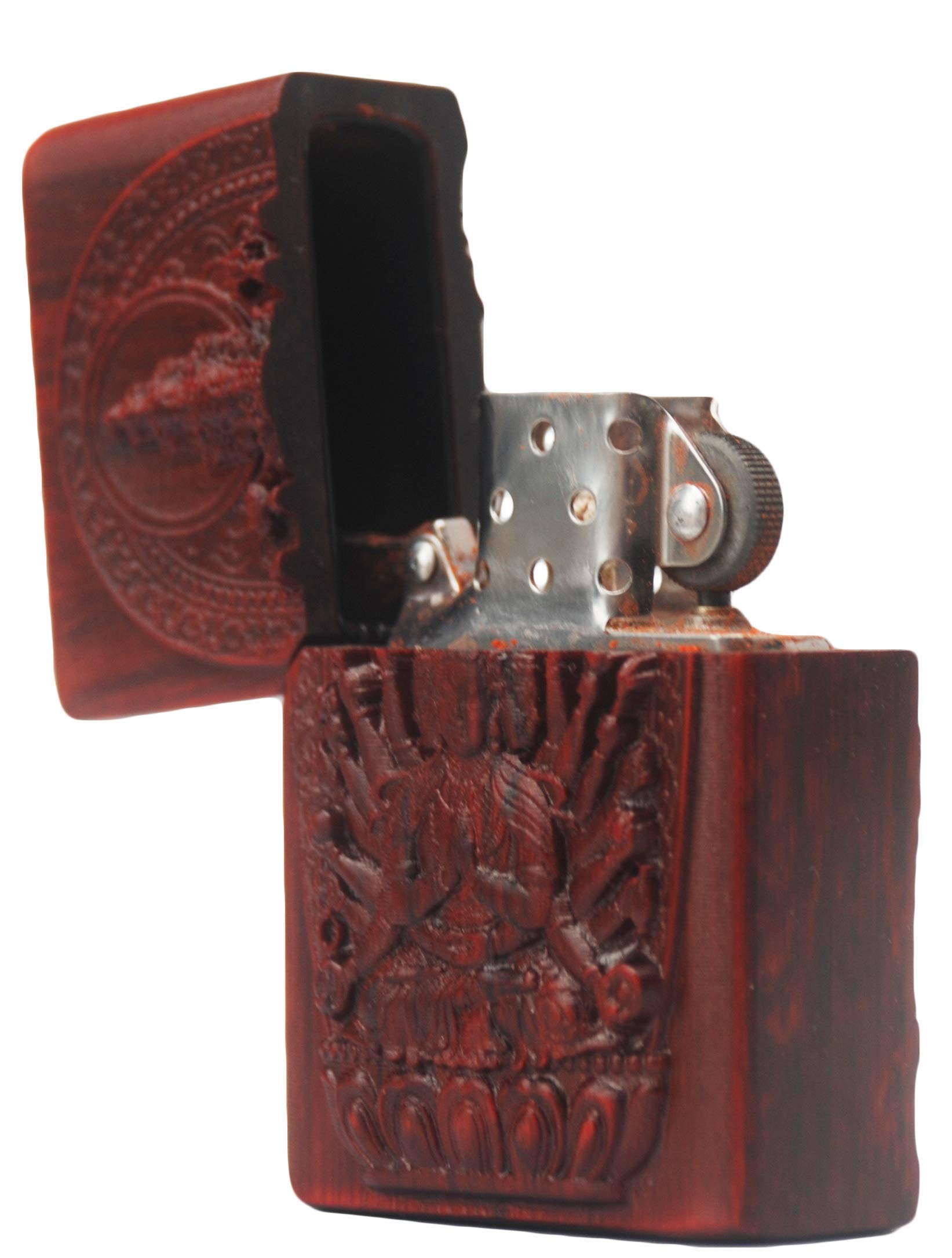 Natural Huanghuali Wood Rosewood Carving Zippo Lighter Case - 1000 Arms Avalokiteshvara Goddess Design | Handcrafted Buddhist Art Gift for Collectors & Spiritual Protection | Perfect for Meditation Spaces & Home Decor