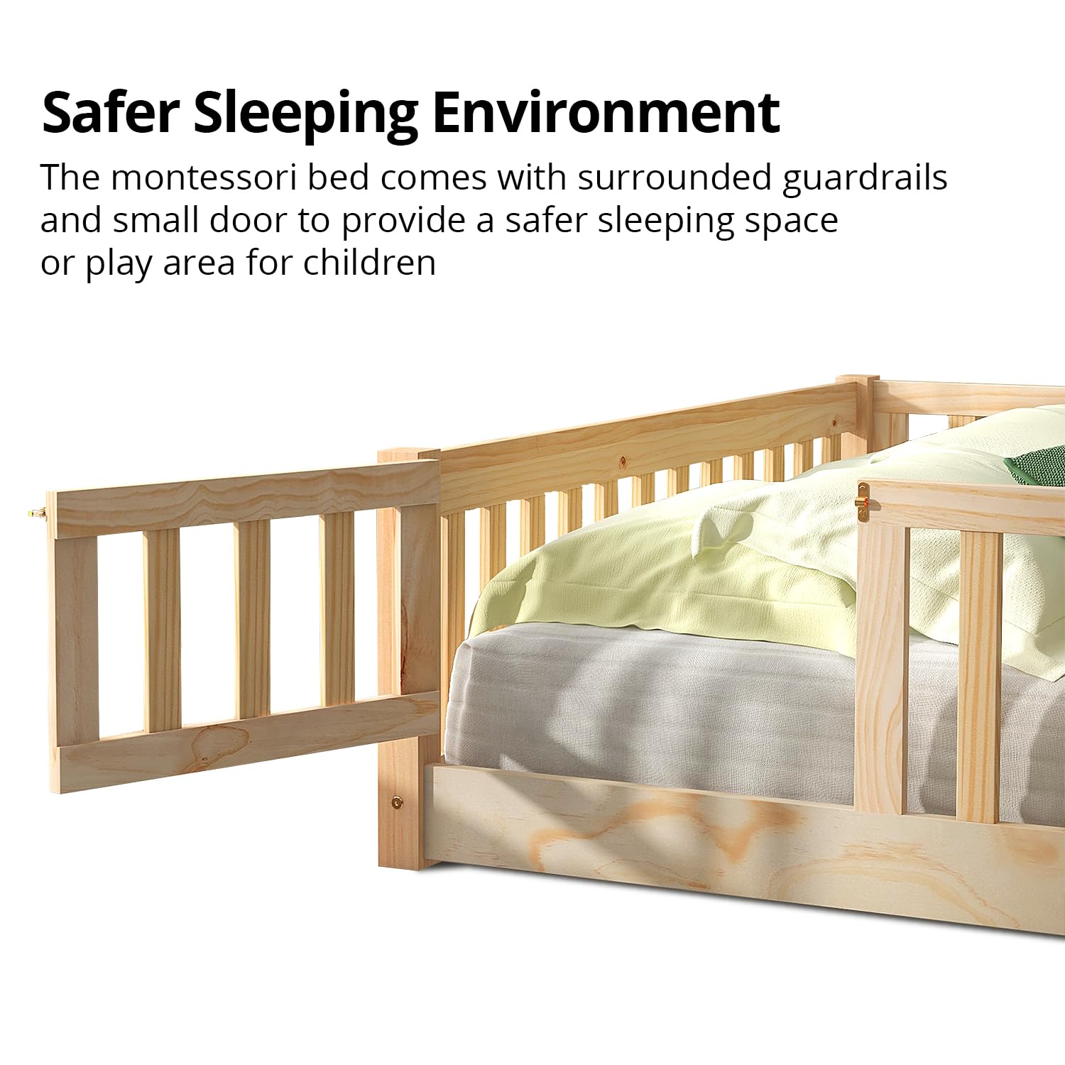 i-POOK Twin Floor Bed for Kids - Solid Wood Montessori Bed Frame with Wood Slats, Safety Fence & Door - Low Profile Toddler Bed for Boys and Girls - Natural Finish (Includes Bed Slats) - Perfect for Montessori Rooms, Daycare Centers & Safe Toddler Sleep Spaces