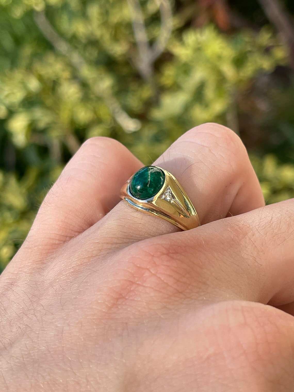 3.20tcw Natural Emerald Cabochon & Diamond Three Stone Men's Ring in 14K Gold - Perfect for Everyday Wear, Wedding Bands & Anniversary Gifts