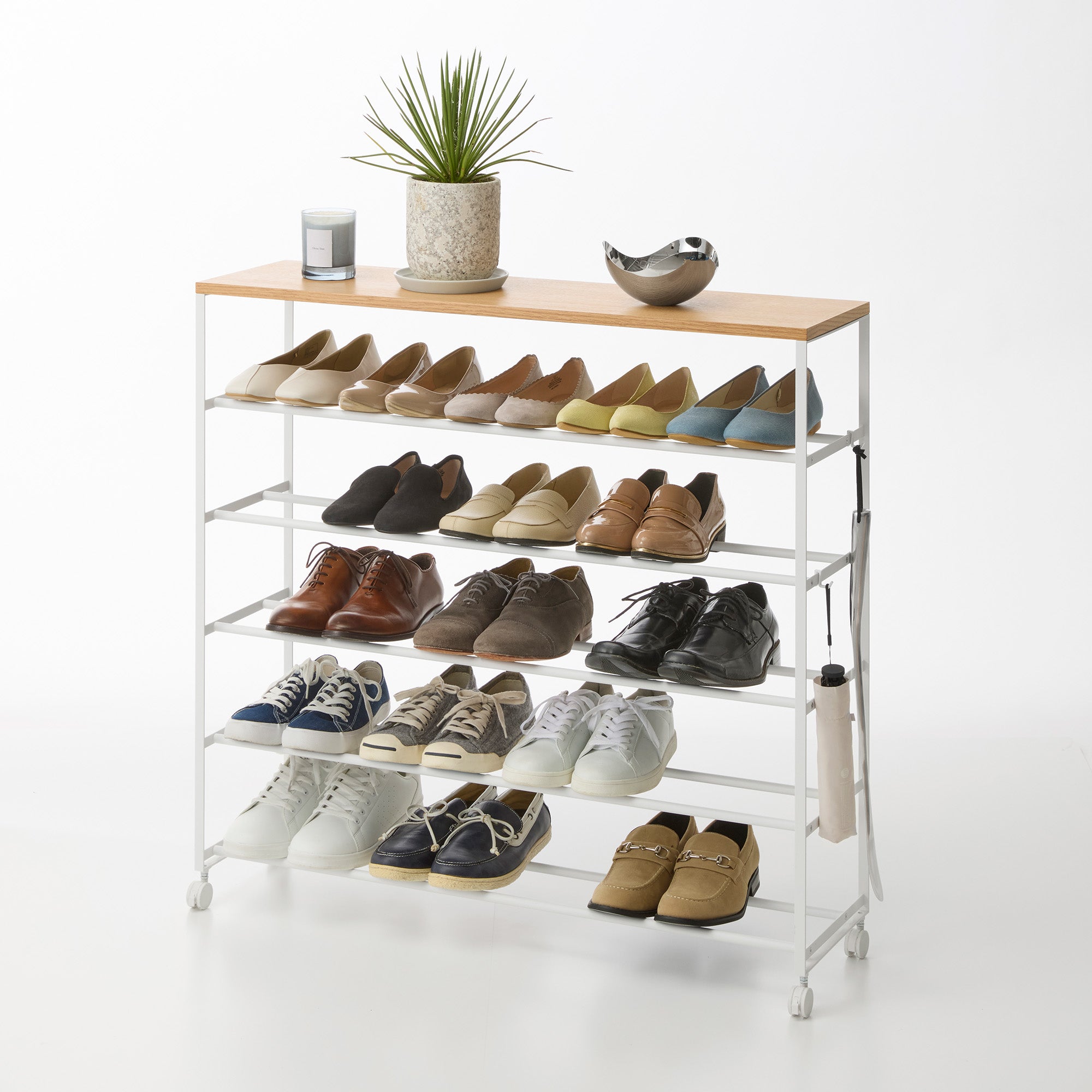 5-Tier Rolling Shoe Rack with Steel Frame and Wooden Shelves - Space Saving Storage Organizer for Closet, Entryway, or Bedroom