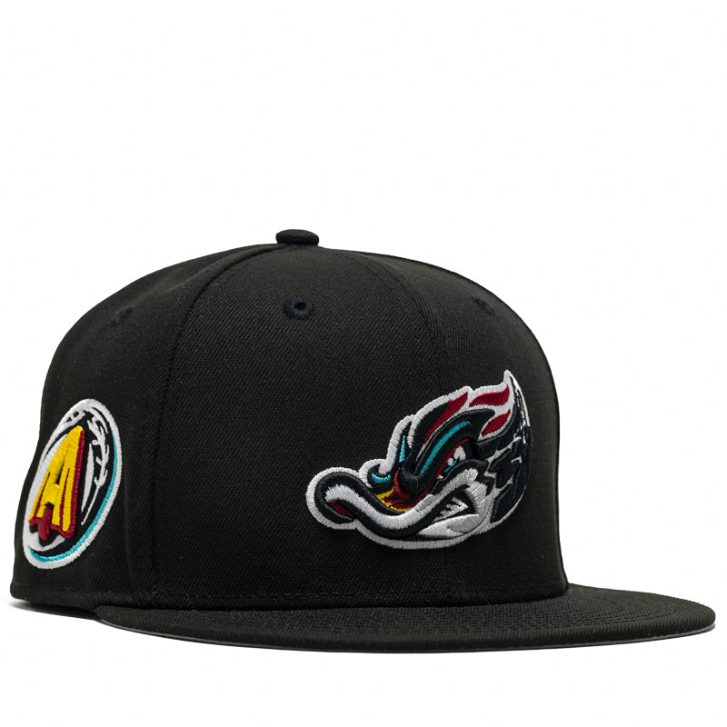 New Era x Politics Akron RubberDucks 59FIFTY Fitted Baseball Cap - Black | Official MLB Licensed Hat for Sports Fans & Streetwear Fashion