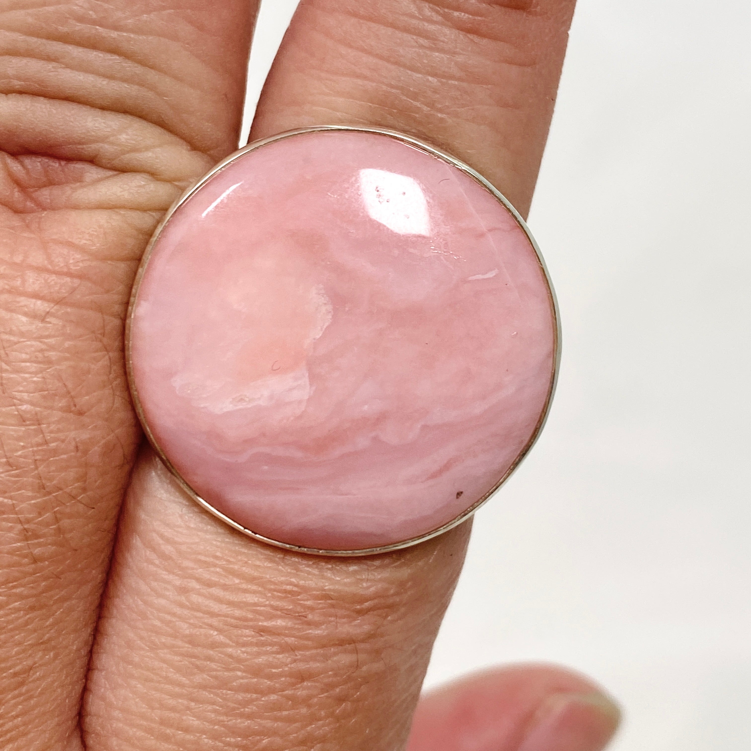 Pink Opal Round Cabochon Ring - Hammered Sterling Silver Size 9.5 (KRGJ3305) | Elegant Boho Jewelry for Women, Perfect for Everyday Wear & Special Occasions