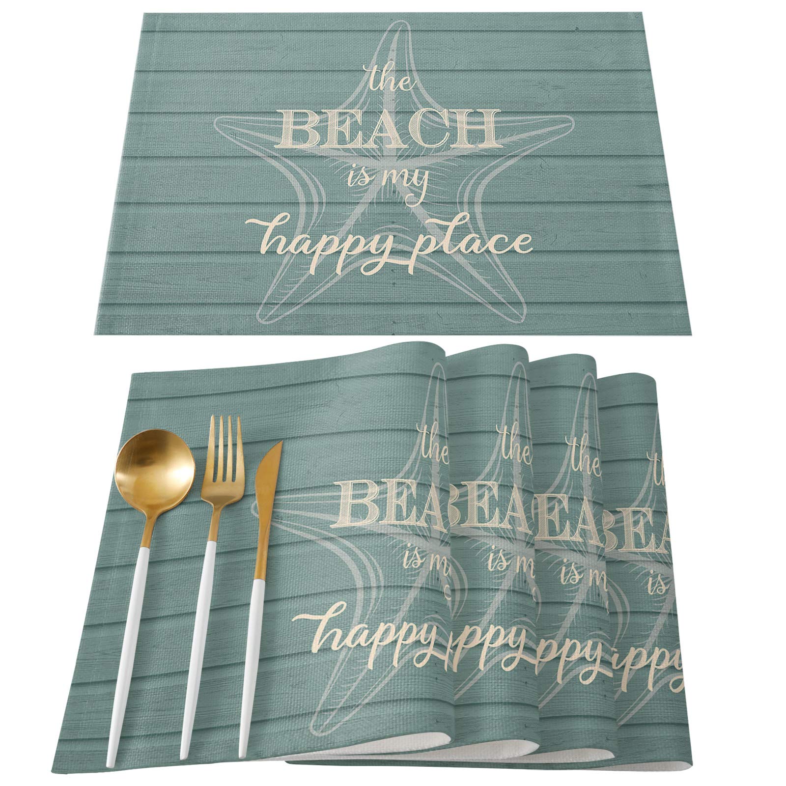 Washable Cotton Linen Placemats Set of 4 - Ocean Creatures Beach Marine Starfish Cyan Non-Slip Heat Resistant Table Mats for Dining Kitchen Farmhouse Decor | Perfect for Beach-Themed Parties, Coastal Home Dining, and Everyday Meals