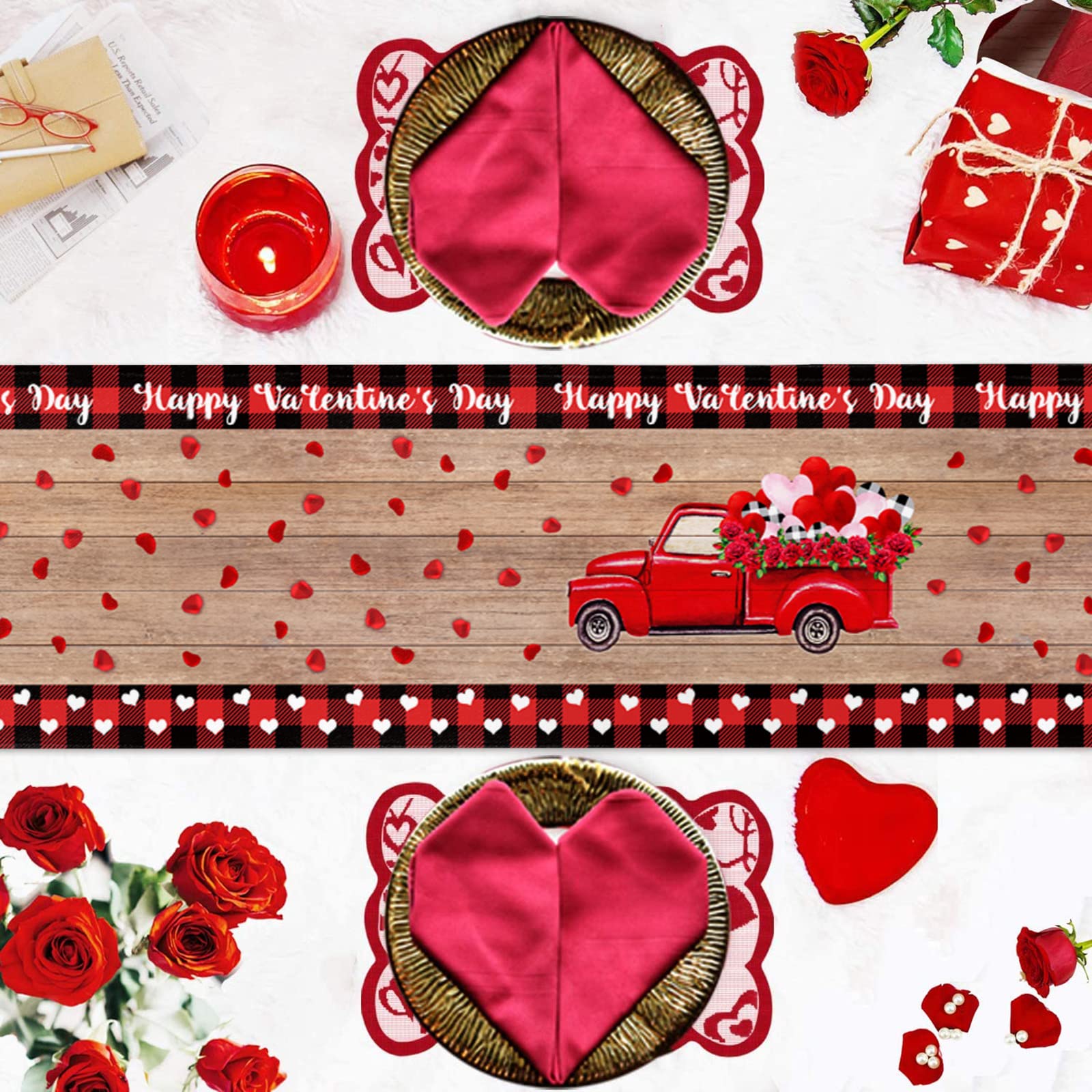 90 Inch Red Truck Valentine's Day Table Runner - Romantic Love on Petals Design for Kitchen, Dining Table, Dresser | Perfect for Valentine's Decor, Weddings, Banquets & Coffee Table Styling