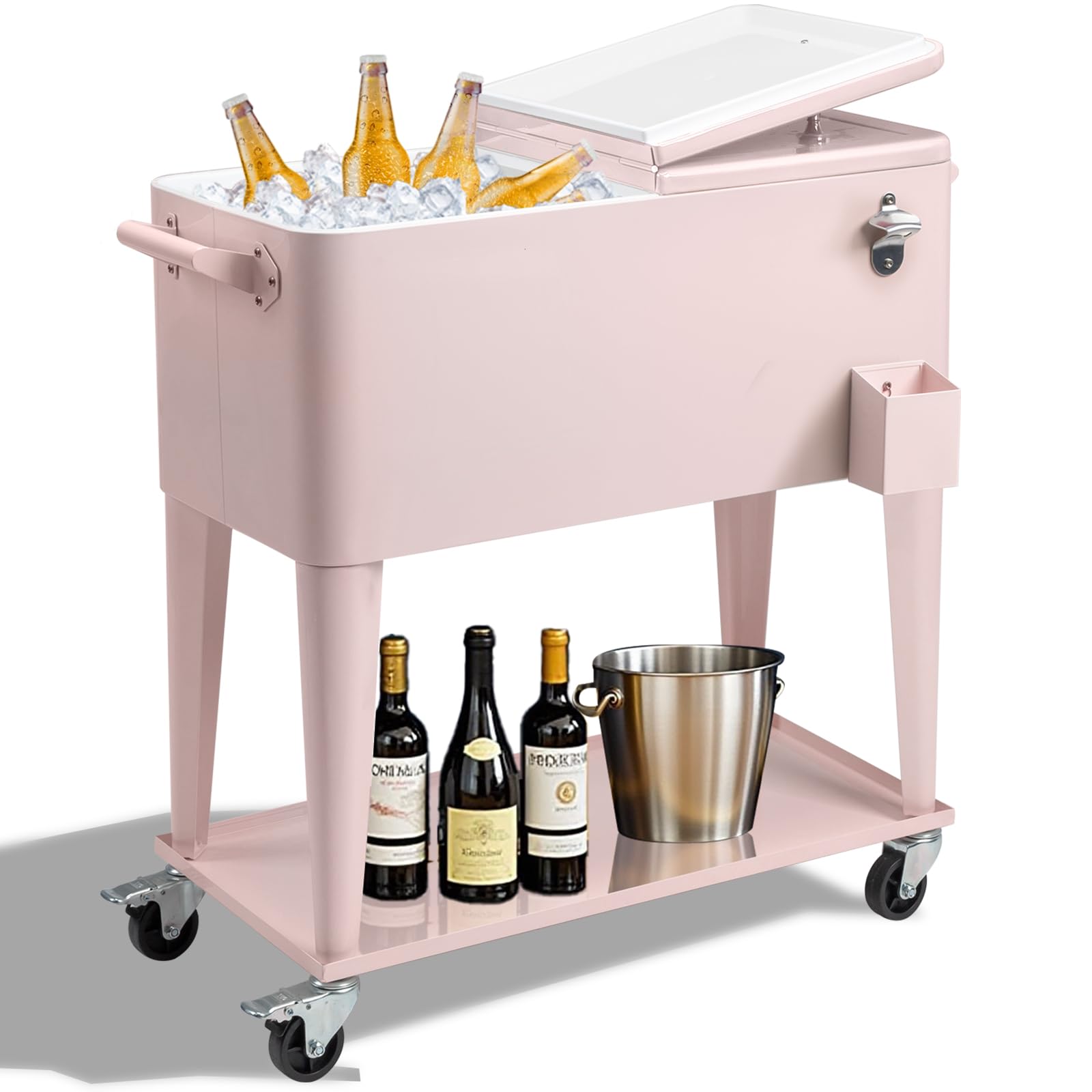 Outvita 80 Quart Rolling Ice Chest Cooler - Portable Wheeled Drink Cooler with Catch Basin, Bottom Storage Tray & Bottle Opener - Perfect for Outdoor Parties, BBQ, Beach Trips & Camping Adventures