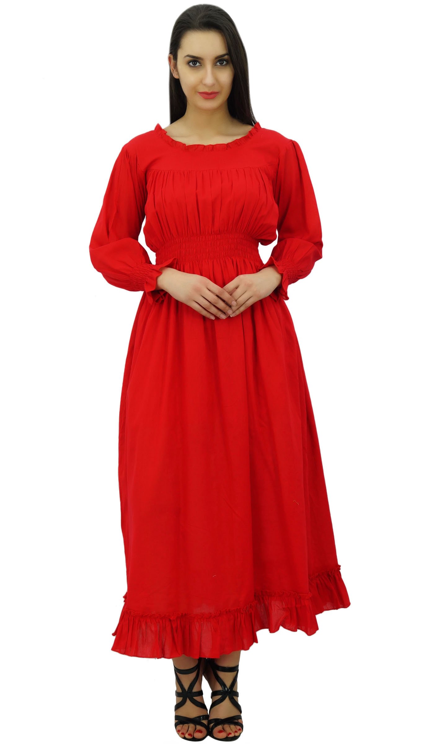 Bimba Women's Cotton Smocked Waist Long Casual Maxi Dress - Flowy Summer Beach Dress for Vacation, Date Night & Outdoor Parties