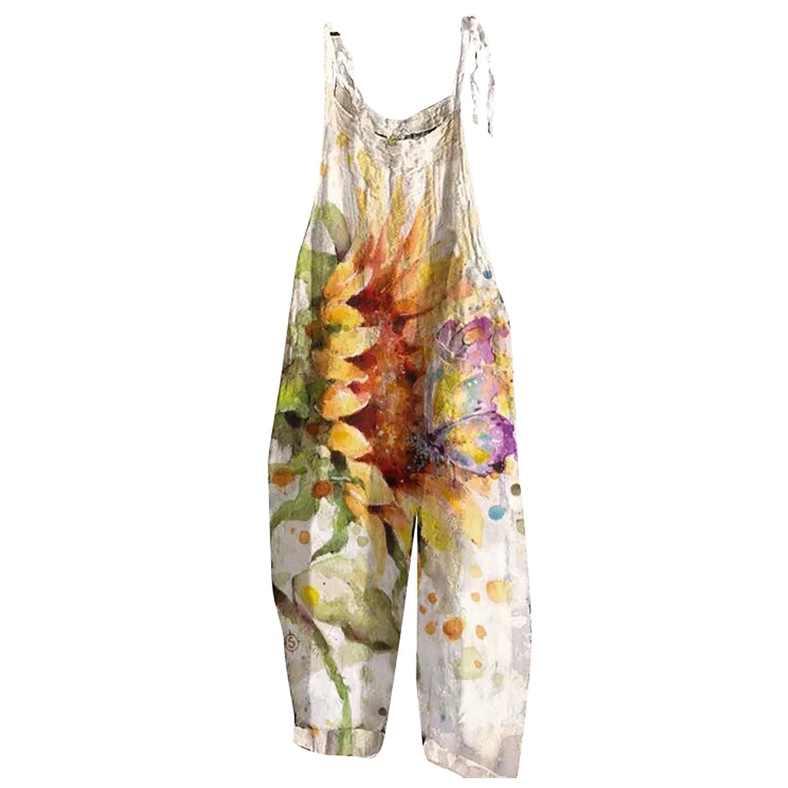 Women's Floral Cotton Jumpsuit - Elegant Sleeveless Spaghetti Strap Romper with Tie Waist for Casual Wear | Perfect for Summer Outings, Beach Vacations & Date Nights