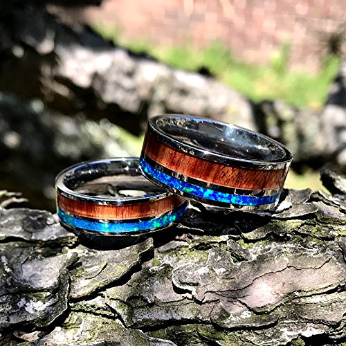 Natural Opal & Koa Wood Wedding Band - 8mm Stainless Steel Engagement Ring for Men & Women - Perfect for Anniversaries, Proposals & Unique Gifts