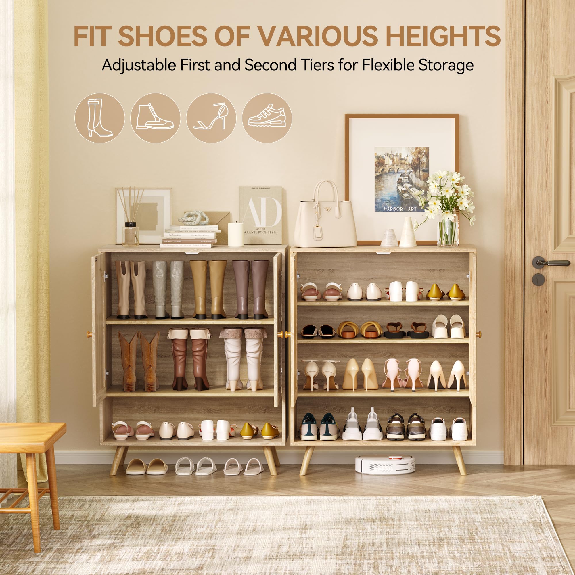 Rattan Shoe Storage Cabinet with Doors - Adjustable Shelves Boho Wooden Shoe Organizer for Entryway, Hallway, Living Room - Light Oak Finish | Perfect for Small Spaces, Apartment Entryway & Closet Organization