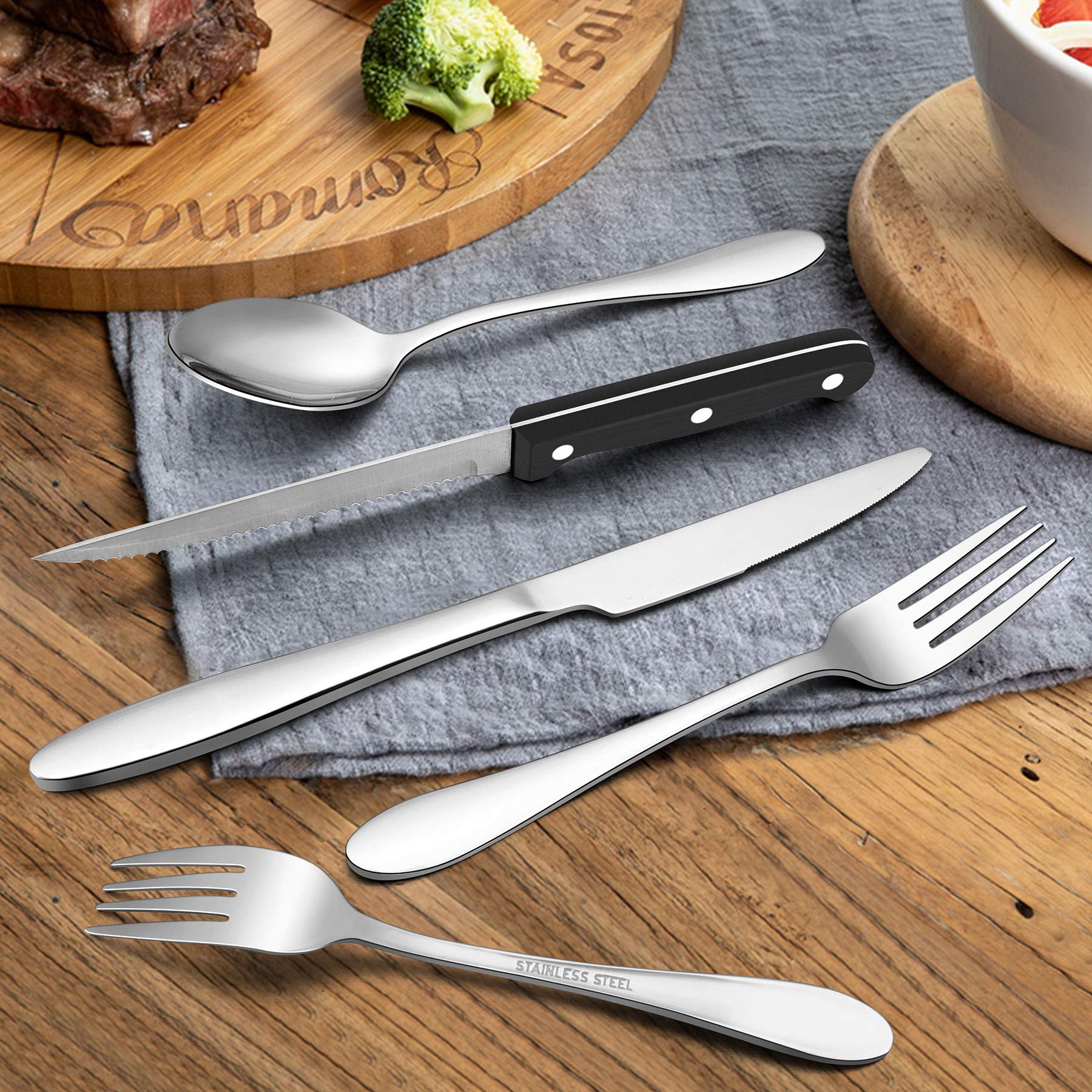 48-Piece Stainless Steel Silverware Set for 8 with Steak Knives - Complete Flatware Cutlery Set Includes Forks, Knives & Spoons - Dishwasher Safe - Perfect for Dinner Parties, Restaurants & Everyday Dining