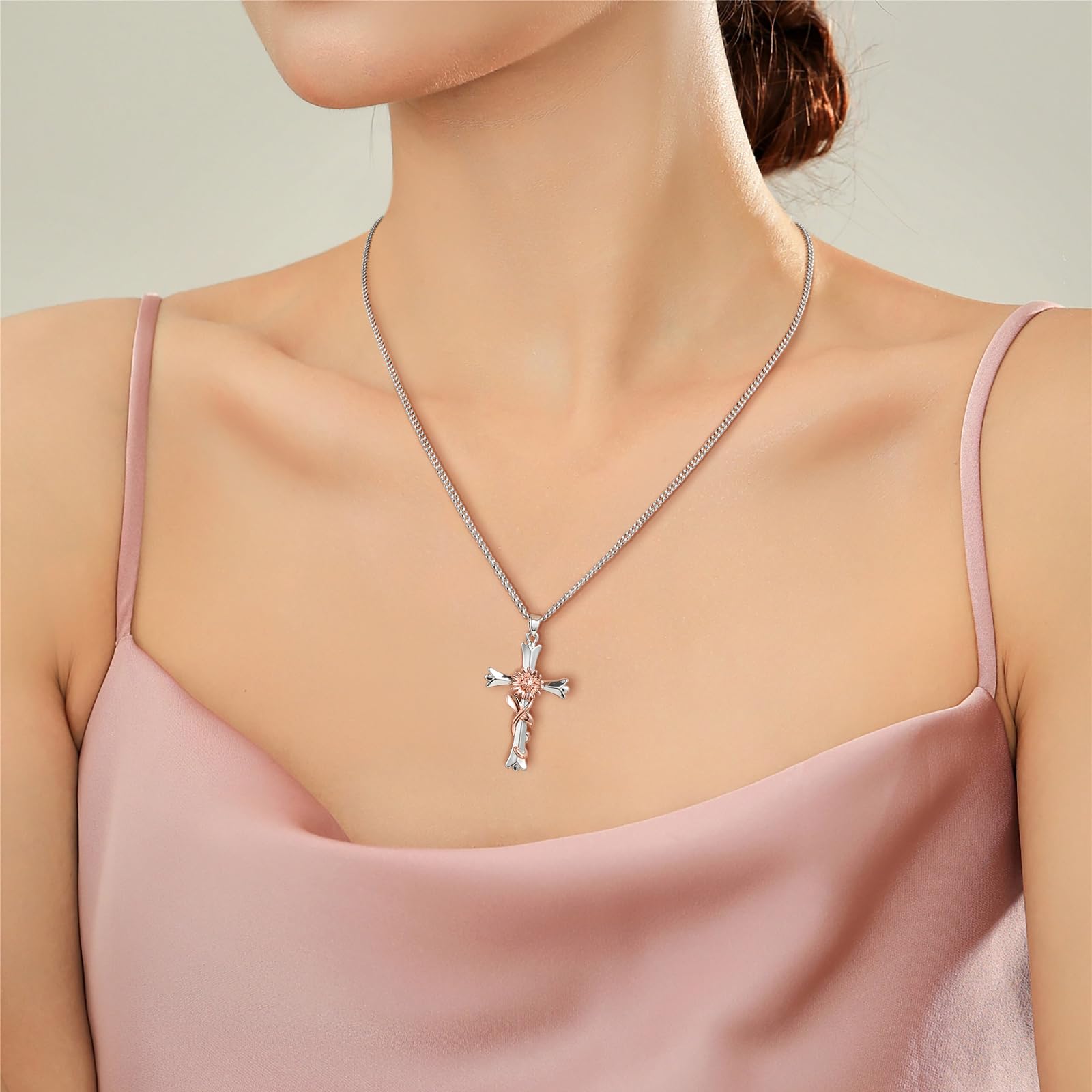 ACECHA Silver Faith Cross Necklace for Women - Birthstone & Flower Pendant Jewelry Gift for Wife, Teen Girls | Perfect for Birthday, Anniversary & Religious Occasions