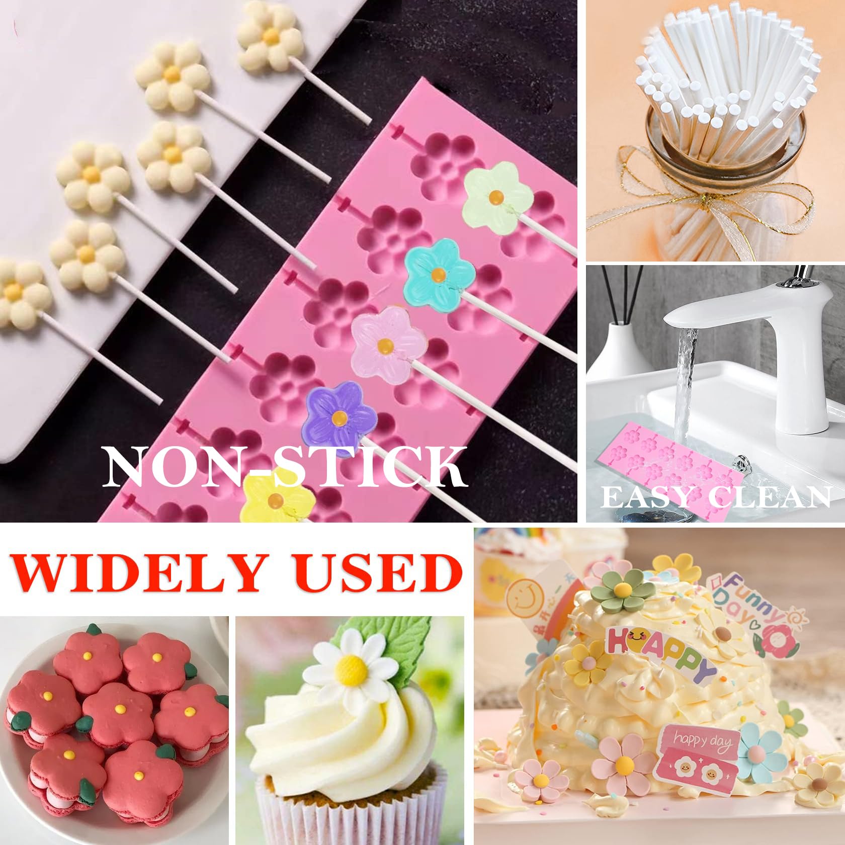 12-Cavity Flower Silicone Lollipop Molds - 8 Large Round Sucker Molds for Chocolate & Hard Candy Making - Includes 20 Sucker Sticks - Perfect for DIY Candy, Party Favors & Home Baking Projects