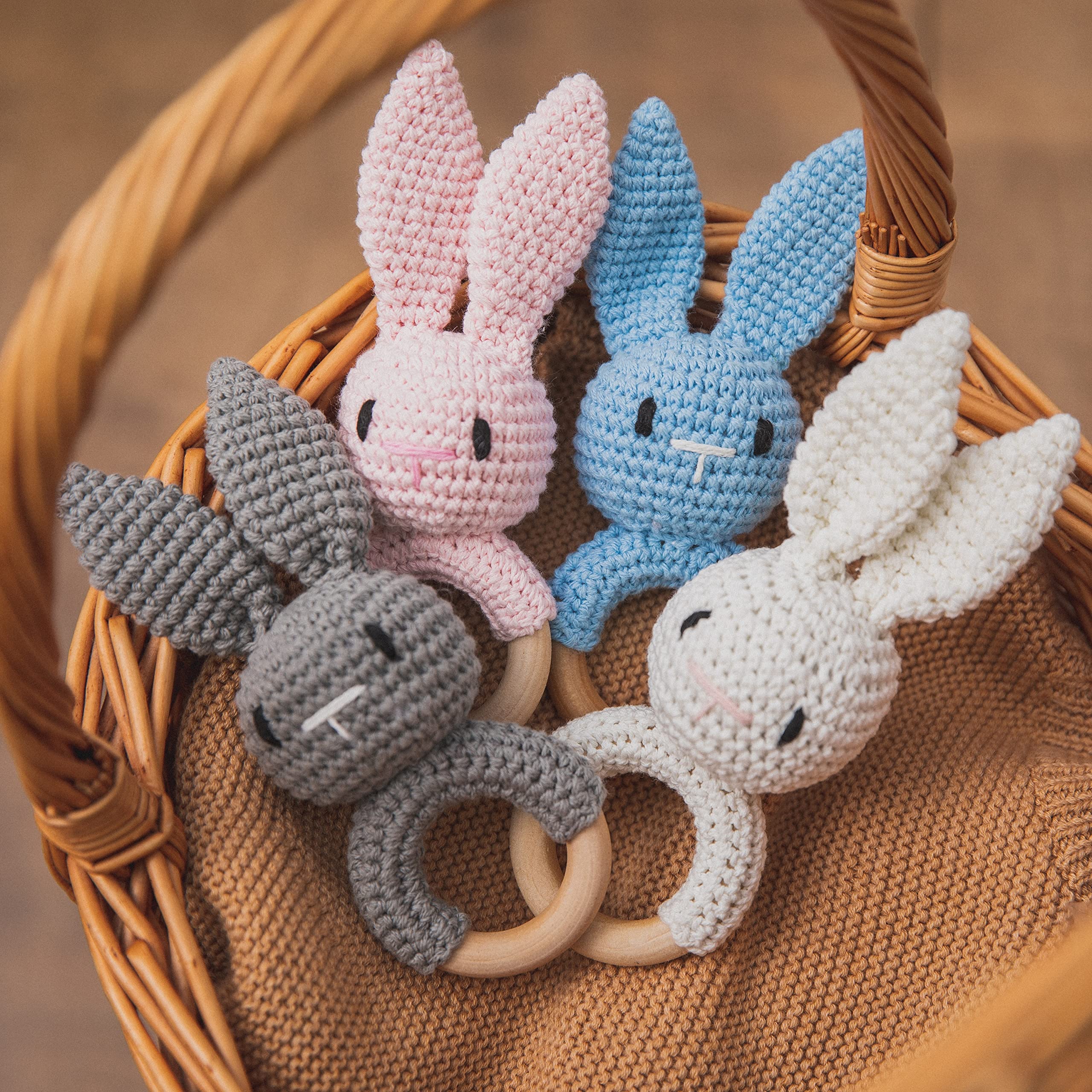 Wooden Baby Rattle for Toddlers - Handmade Crochet Pink Bunny Ring Rattle Toy | Safe & Natural Newborn Infant Toy | Perfect for Teething, Sensory Play & Early Childhood Development