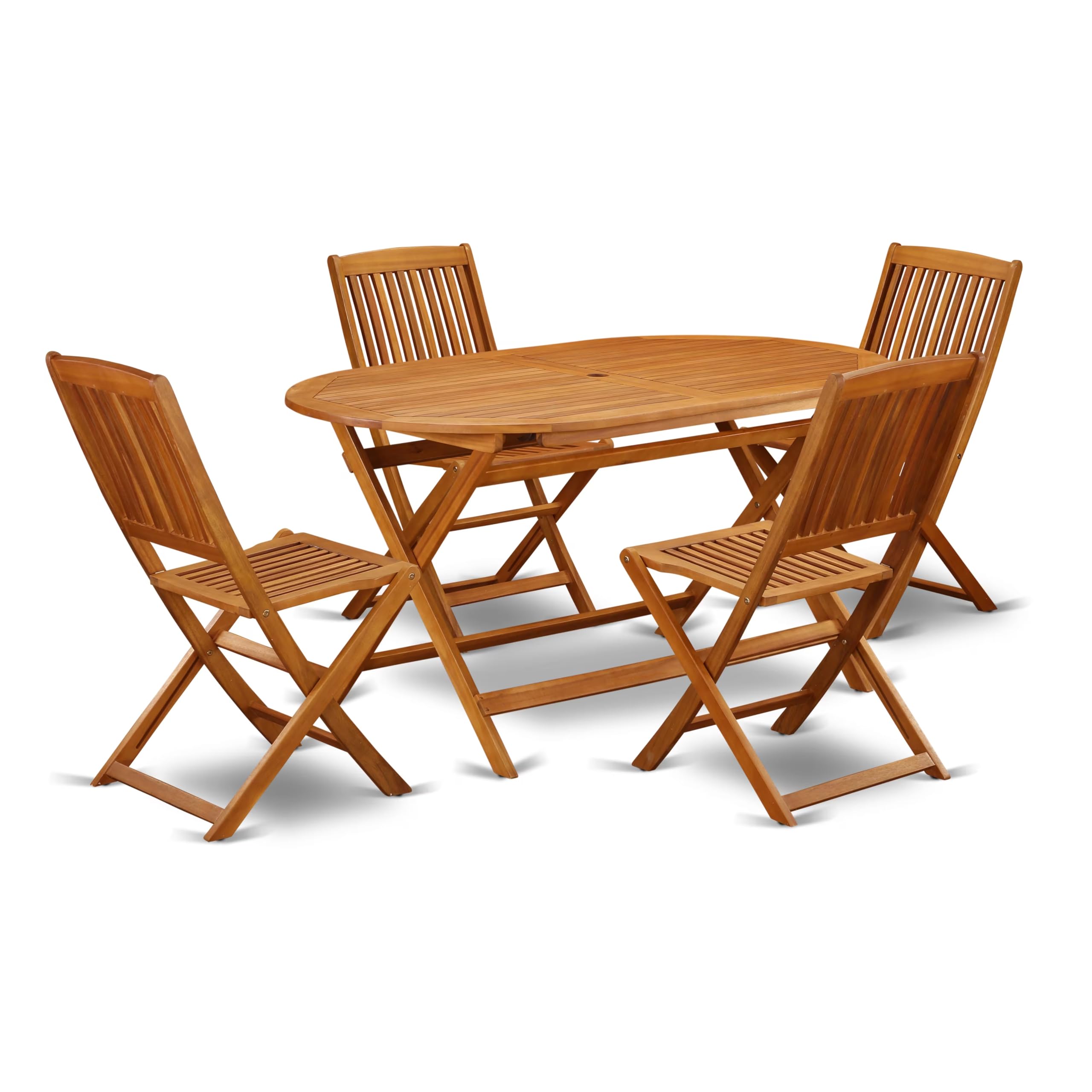 East West Furniture DICM5CWNA 5-Piece Outdoor Bistro Dining Set - Acacia Wood Oval Table & 4 Folding Chairs, 36x60 Inch, Natural Oil Finish - Perfect for Patio, Garden, and Backyard Entertaining