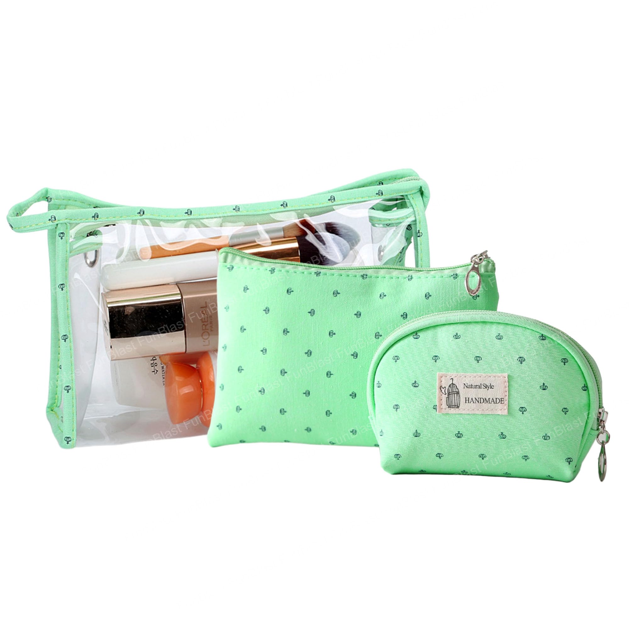 FunBlast 3-Pack Waterproof Cosmetic Makeup Bags for Women - Zippered Travel Toiletry Organizer, Portable Vanity Pouch for Makeup Brushes, Jewelry & Essentials - Perfect for Travel, Gym, Beach & Daily Use (Green)