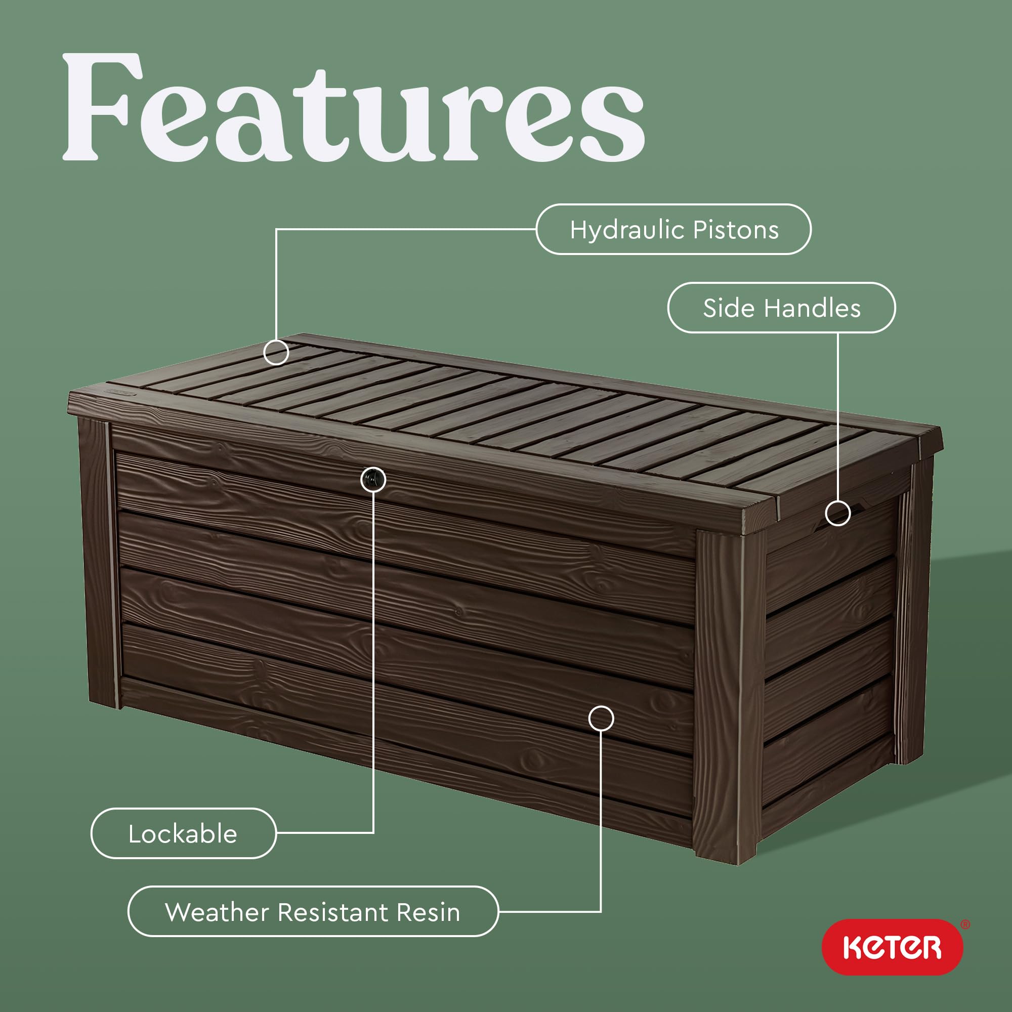 Keter 150 Gallon Outdoor Storage Deck Box with Seat - Wood Grain Brown Resin Patio Bin - Perfect for Backyard, Garden & Poolside Storage