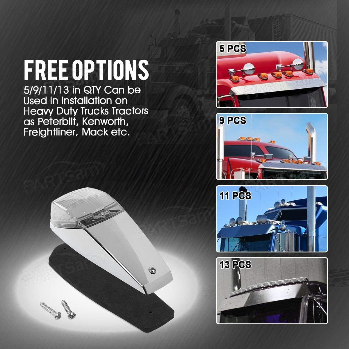 Partsam 5-Piece Clear Lens 31-LED Amber Cab Marker Roof Running Lights with Chrome Base - Compatible with Peterbilt, Kenworth, Freightliner, Western Star, Mack, International & Paccar Semi Trucks - Ideal for Truck Roof Safety Lighting & Night Visibility