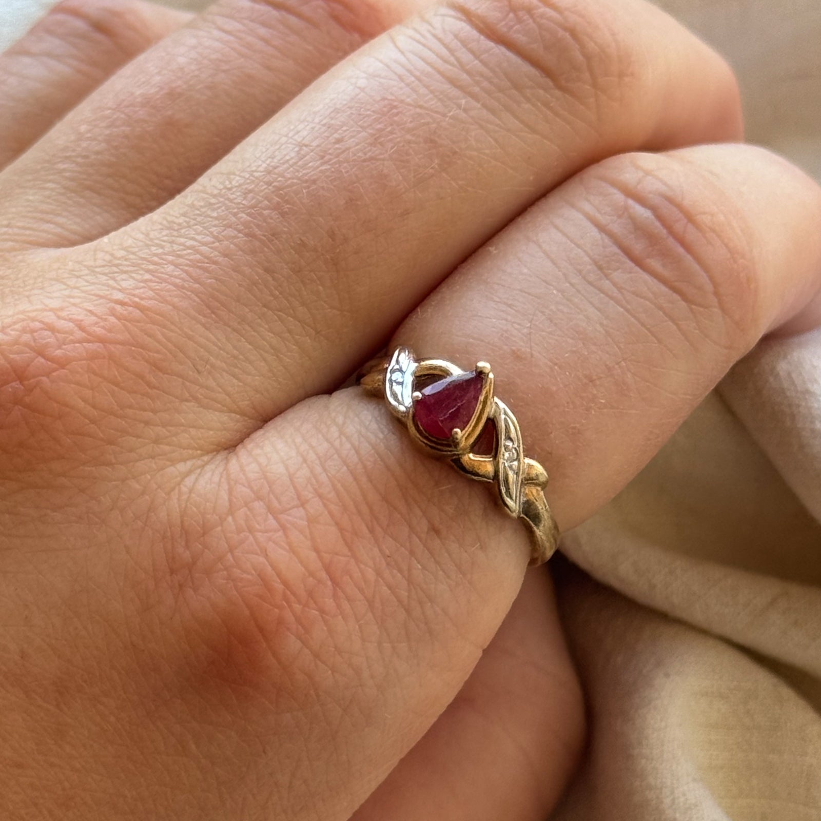 Pear Cut Ruby & Diamond Crossover Ring - 0.40ct Ruby & 0.02ctw Diamonds - Size 6.75 - Elegant Wedding, Engagement & Anniversary Jewelry Gift for Women