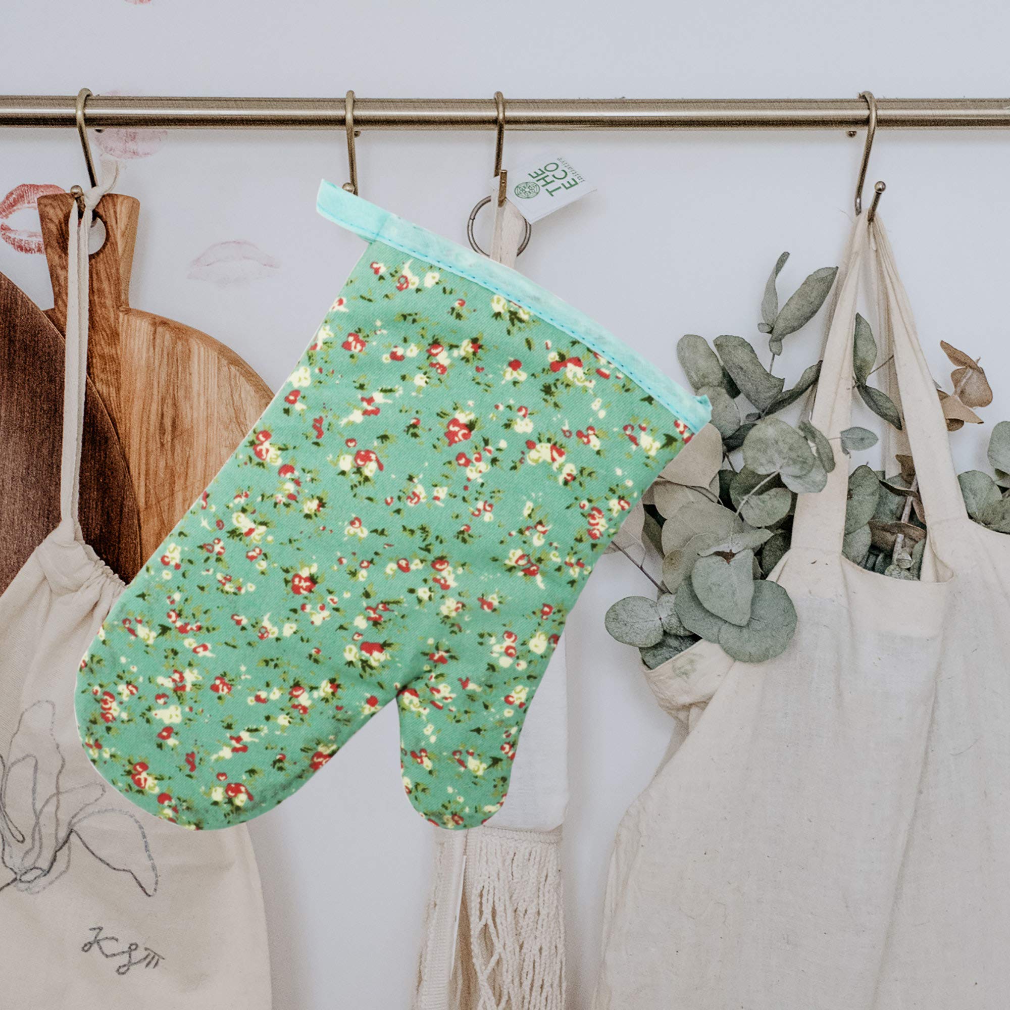 Heat Resistant Cotton Oven Mitt - Cute Green Floral Kitchen Glove for Cooking, Baking, BBQ & Grilling | Perfect for Hot Pans, Baking Sheets & Outdoor Barbecues [Single]