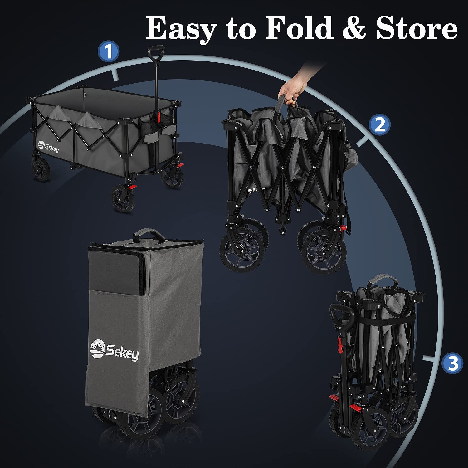 Sekey 220L Heavy Duty Collapsible Folding Wagon Cart with 330lbs Capacity - All-Terrain Wheels, Drink Holders & Storage (Grey) - Perfect for Camping, Beach Trips, Picnics & Grocery Shopping