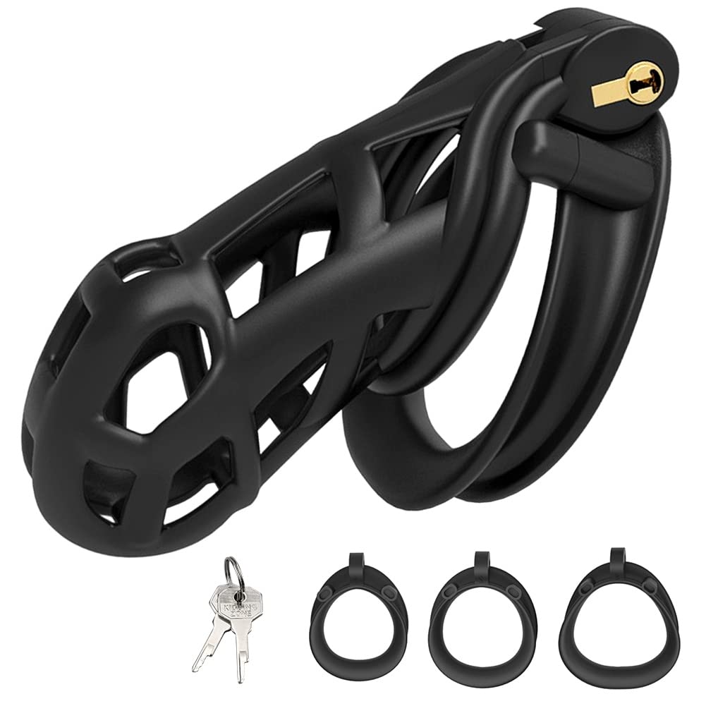 Male Chastity Device Cock Cage with 4 Adjustable Rings - Resin Chastity Lock for Penis Exercise & Tease Play - Perfect for BDSM, Couples Play & Male Enhancement (Black)