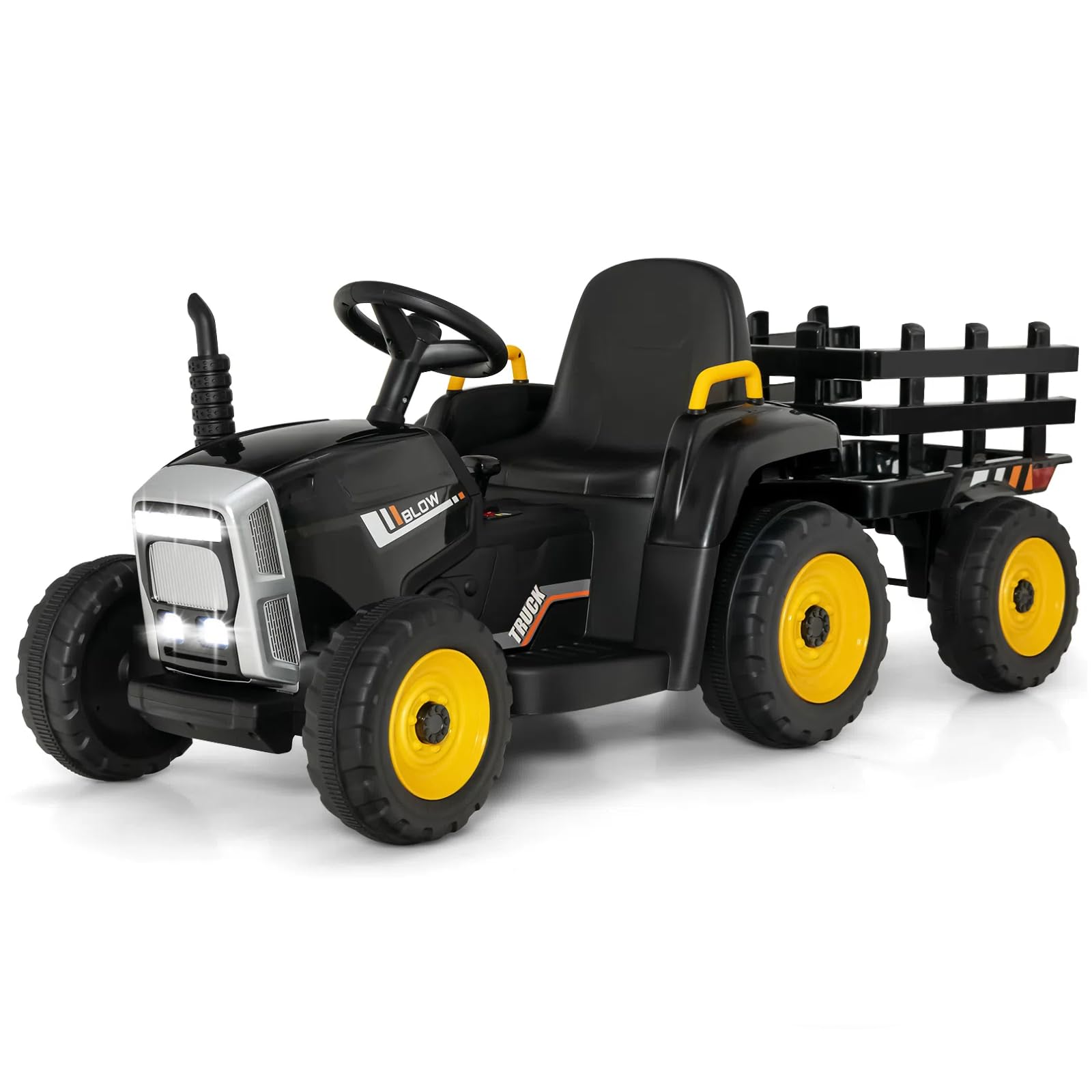**HONEY JOY 12V Kids Electric Ride-On Tractor with Trailer - 3-Speed Gear Shift, LED Lights, Horn & Music - Battery-Powered Remote Control Toy Car for Boys & Girls (Black) - Perfect for Outdoor Play & Farm-Themed Adventures**