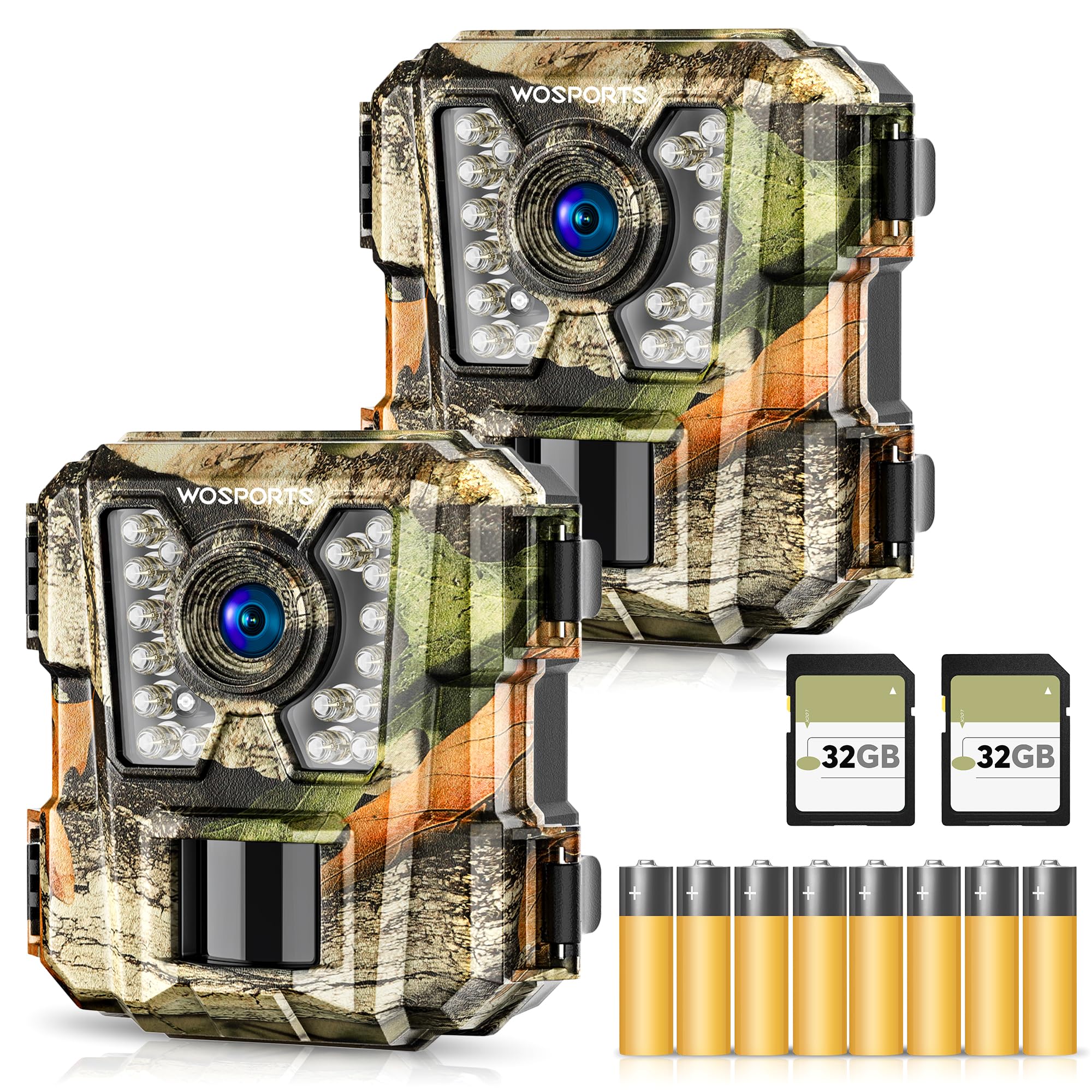 WOSPORTS Mini Trail Camera 2 Pack - 24MP 1080P HD Game Camera with SD Card & 8AA Batteries, Fast Trigger Infrared Night Vision Hunting Camera for Wildlife Monitoring, Deer Hunting, and Outdoor Security Surveillance