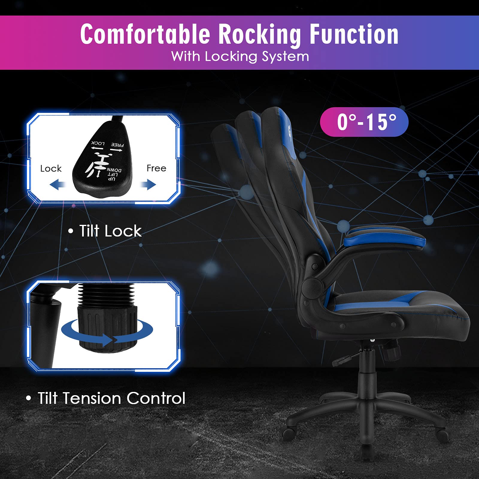 GYMAX Ergonomic High Back Office Chair - Adjustable Height Racing Style Gaming Chair with Padded Armrests, Comfortable Swivel Computer Task Chair for Home Office, Gaming & Theater Room (Blue) - Perfect for Long Work Sessions, Video Gaming & Home Entertainment