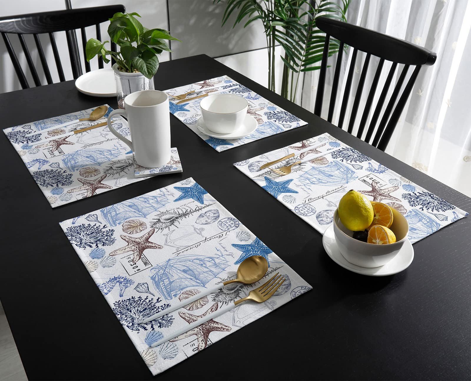 IDOWMAT 6-Pack Marine Themed Placemats - Starfish, Shell, Seahorse & Anchor Design in Blue & Brown | Waterproof, Heatproof & Washable Table Mats for Dining | Perfect for Indoor & Outdoor Use at Home, Restaurants or Beach Houses