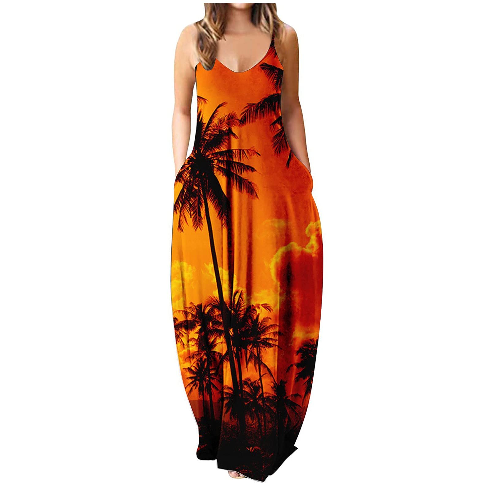 iQKA Women's Maxi Dress - Colorful Long Sleeveless V-Neck Tunic Dress with Pockets | Summer Casual Beach Dress for Vacation, Party & Everyday Wear