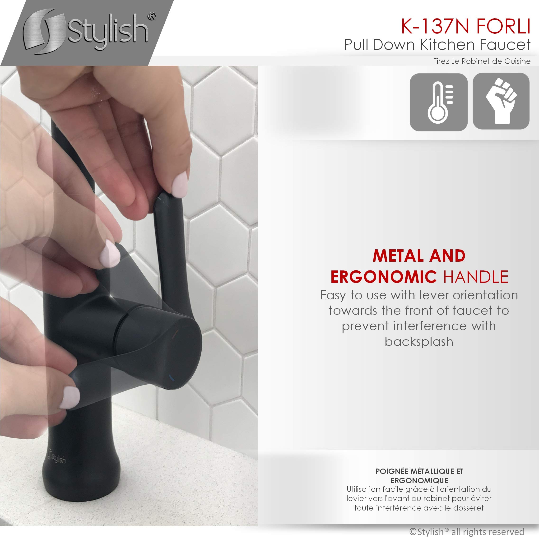 Stylish Matt Black Stainless Steel Kitchen Faucet with Pull Down Sprayer - 1 Lever Handle Dual Function Spout Mixer, Ceramic Cartridge & Aerator (Model K-137N) - Perfect for Modern Kitchens & Easy Dishwashing