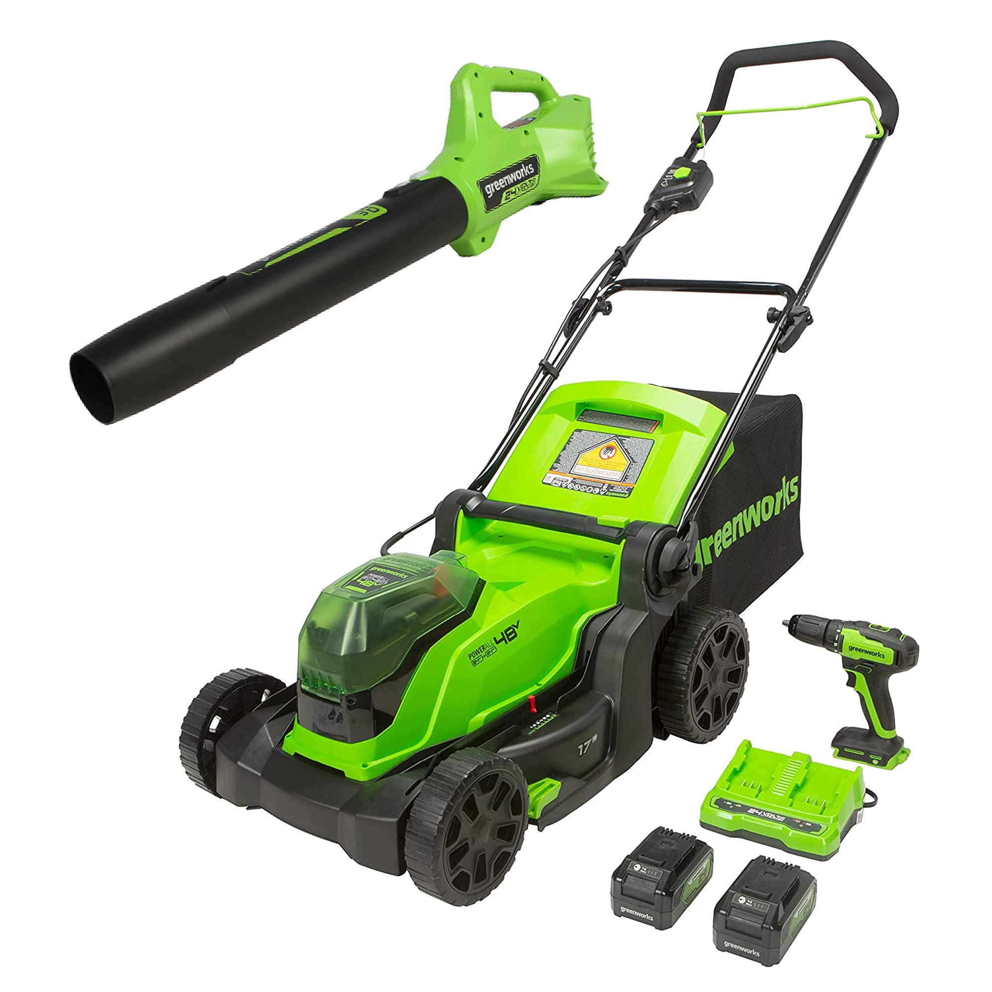Greenworks 48V 17-Inch Brushless Cordless Lawn Mower with 24V Brushless Drill/Driver and Axial Blower Kit - Includes (2) 4.0Ah USB Batteries, USB Hub & Dual Port Rapid Charger - Perfect for Home Lawn Care and DIY Projects