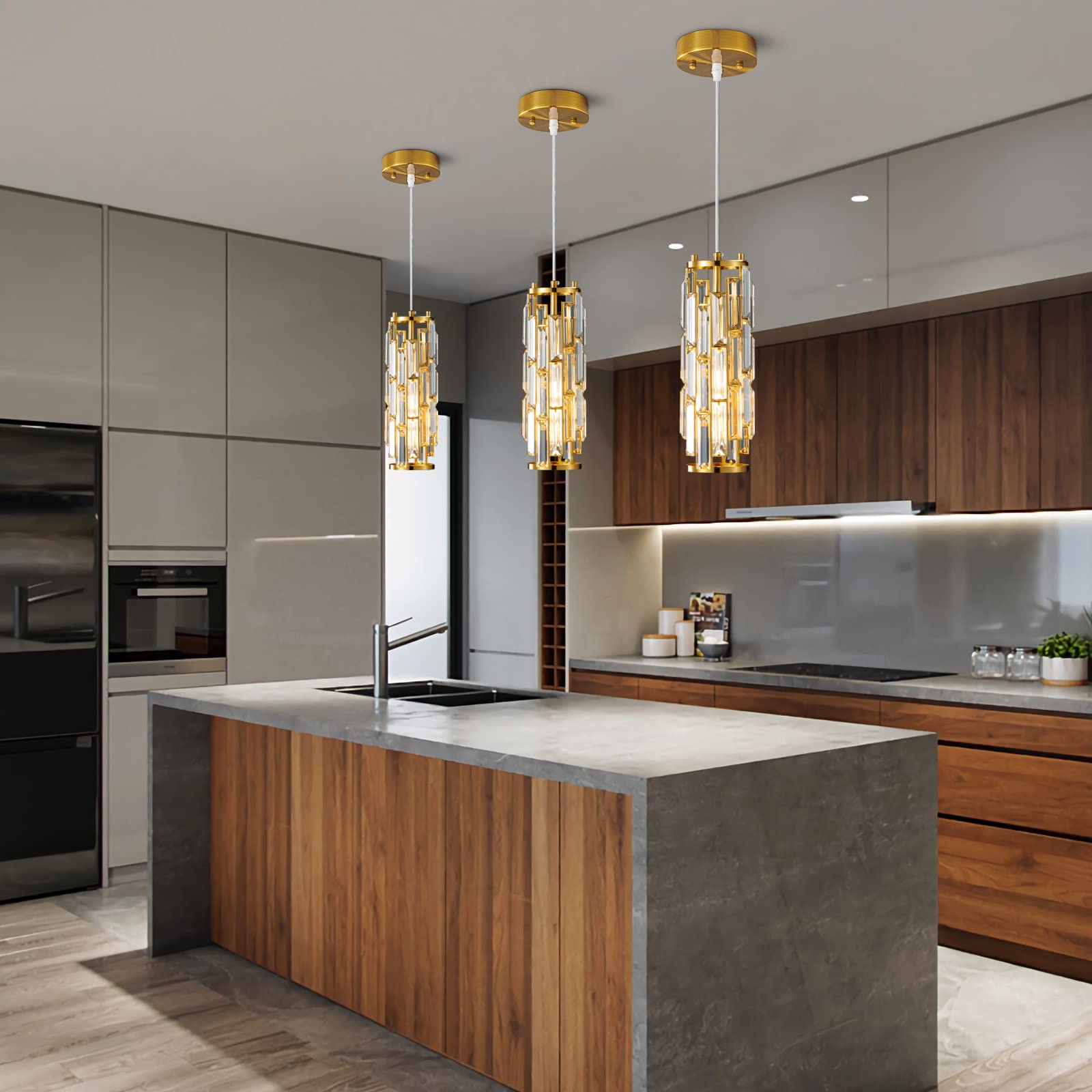 Modern Gold Pendant Lights with Mini Crystal Chandelier - 2-Pack, Elegant Kitchen Island Lighting, Dining Room & Bedroom Ceiling Fixture, Perfect for Sink Area & Home Decor (Gold Finish)