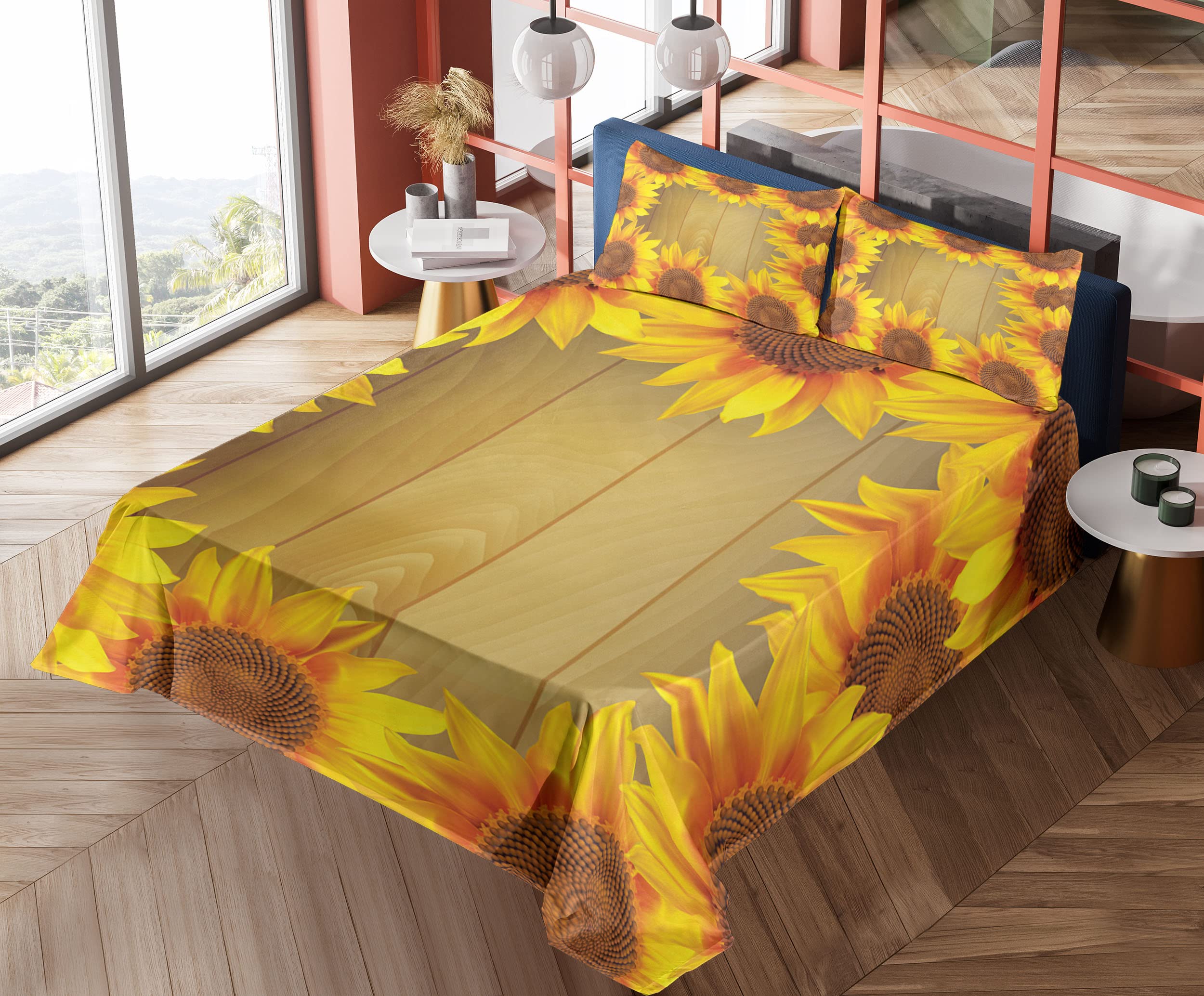Ambesonne Sunflower King Size 4-Piece Sheet Set - Floral Circle Design on Wooden Background, Fitted & Flat Sheets with Pillowcases - Brown Orange Bedding for Farmhouse & Boho Chic Bedrooms